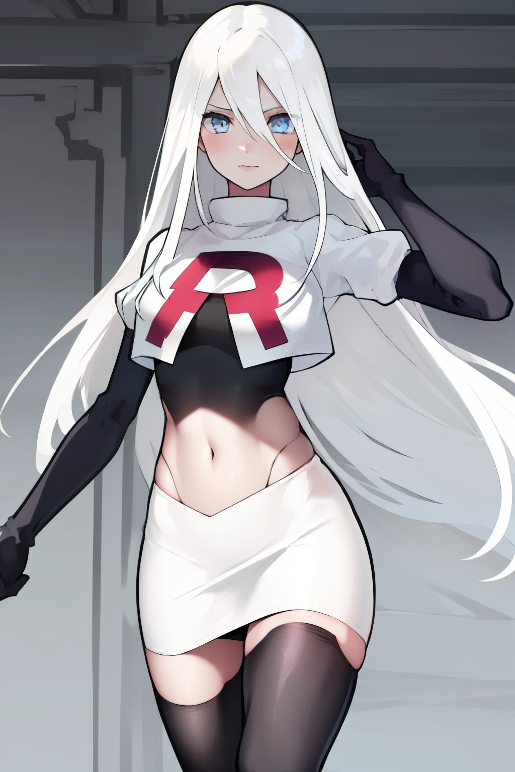 yorha type a no. 2, 1girl, absurdres, android, blue eyes, hair between eyes, long hair, robot, solo, white hair,
team rocket,team rocket uniform, red letter R, white skirt,white crop top,black thigh-highs,black elbow gloves
