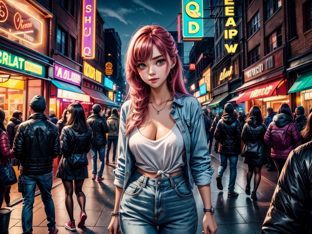 (high quality, vibrant colors:1.2), woman attracting customers, busy downtown area, ((twinkling neon lights)), night scene, vibrant atmosphere, commercial hub, bustling streets, crowded sidewalks, energetic environment, people walking, window shopping, (neon signs), glowing storefronts, colorful reflections, lively vibe, urban nightlife