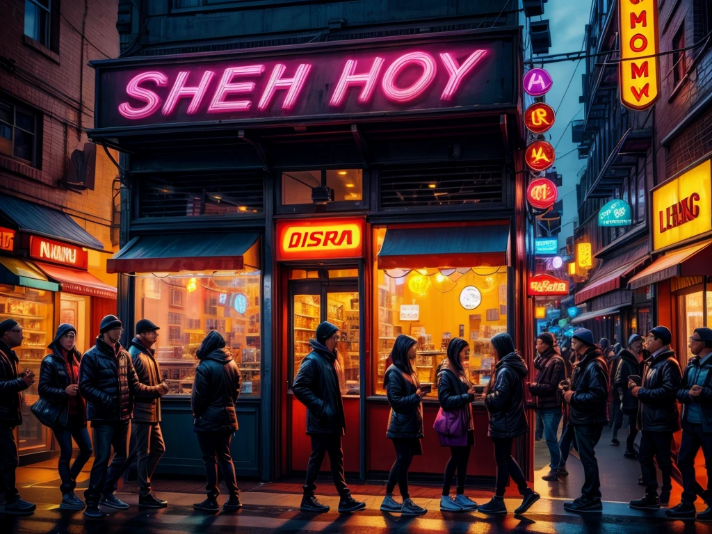 (high quality, vibrant colors:1.2), woman attracting customers, busy downtown area, ((twinkling neon lights)), night scene, vibrant atmosphere, commercial hub, bustling streets, crowded sidewalks, energetic environment, people walking, window shopping, (neon signs), glowing storefronts, colorful reflections, lively vibe, urban nightlife