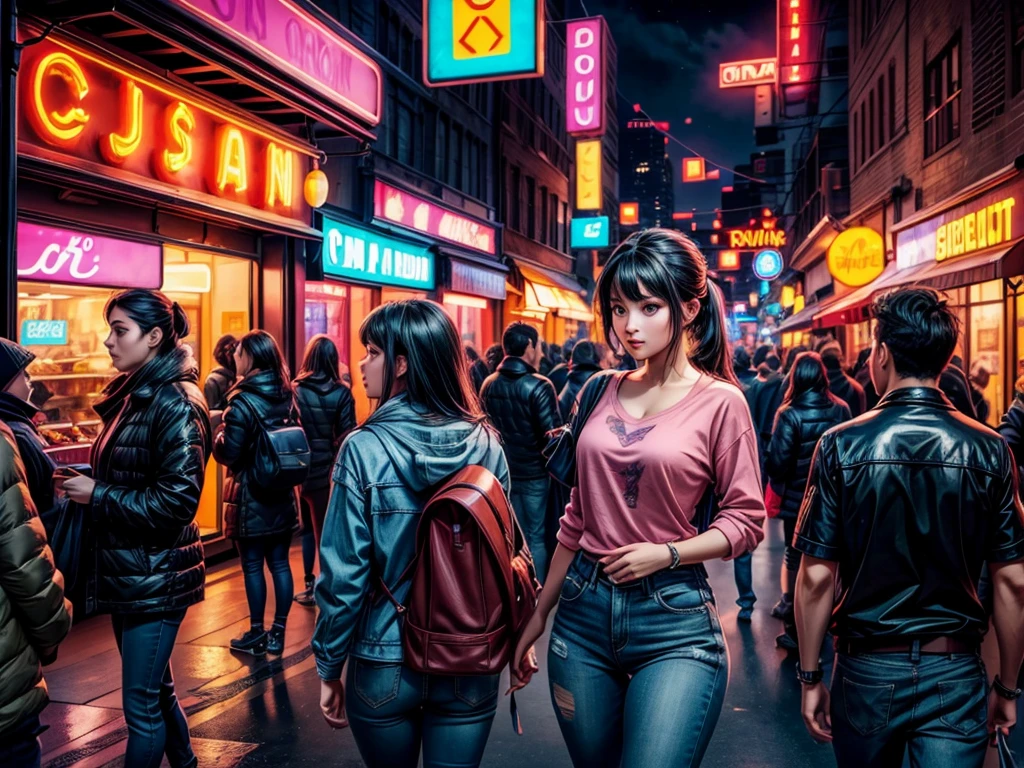 (high quality, vibrant colors:1.2), woman attracting customers, busy downtown area, ((twinkling neon lights)), night scene, vibrant atmosphere, commercial hub, bustling streets, crowded sidewalks, energetic environment, people walking, window shopping, (neon signs), glowing storefronts, colorful reflections, lively vibe, urban nightlife