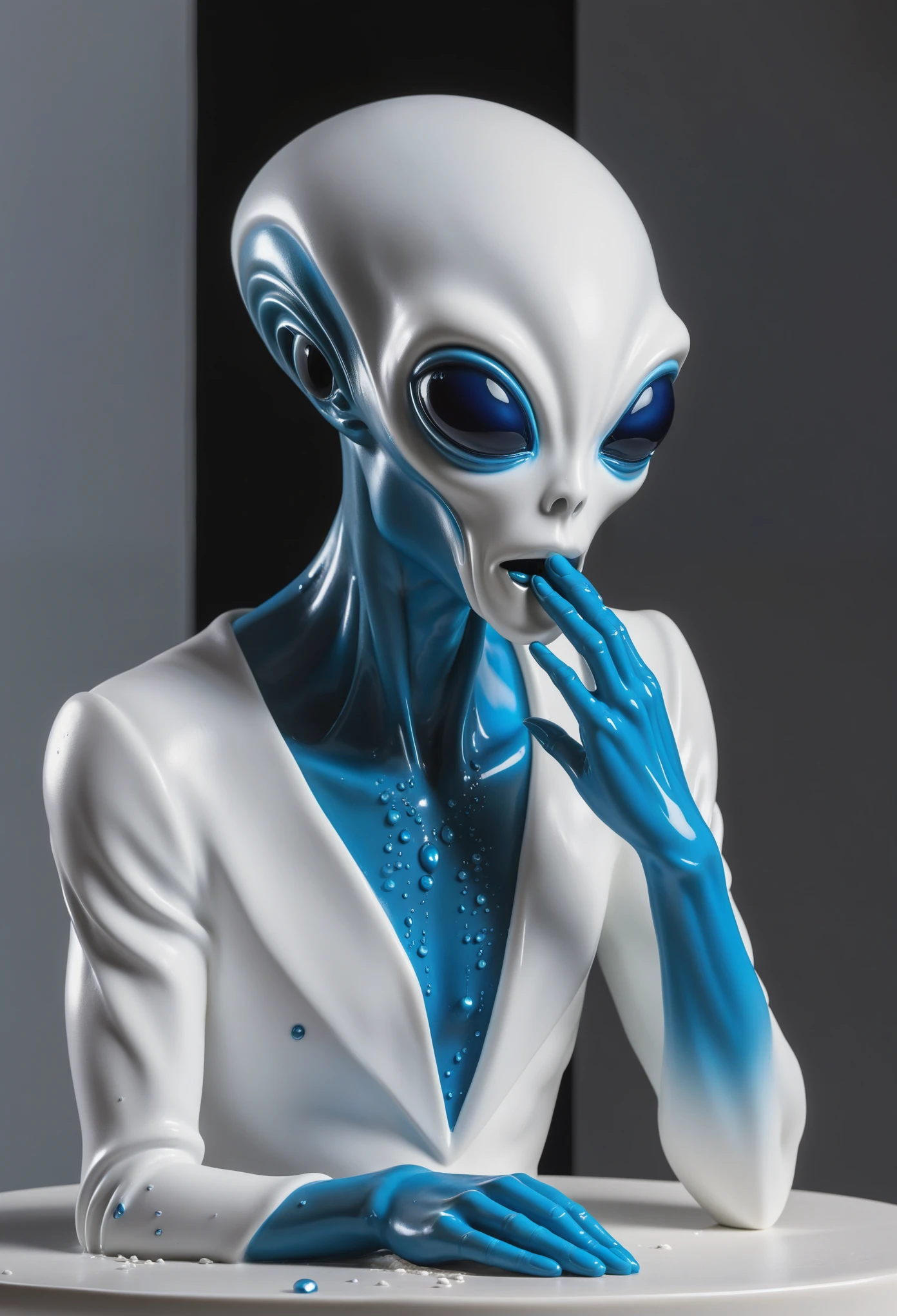 statue,Still life table setting,Weird alien portrait sculpture,Made of white plaster,The alien's eyes are filled with tears, an alien is crying, Tears flowed down his cheeks like blue streams, modern style, High resolution, cry and tears, plaster and silver,