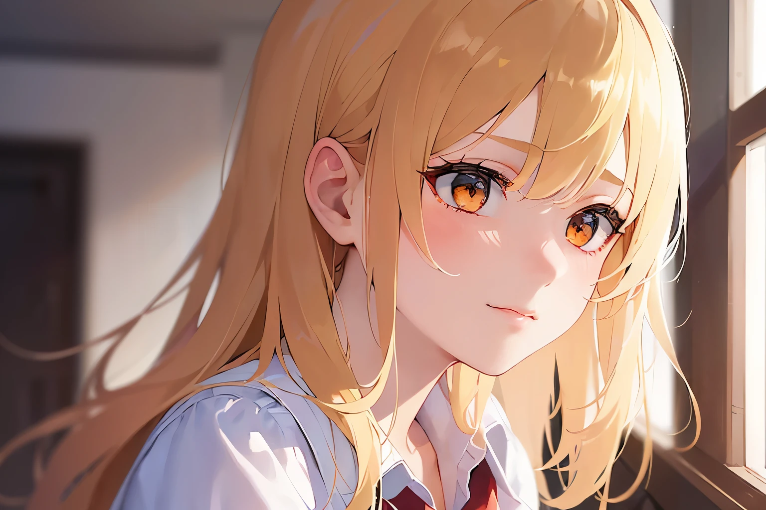(lookin away:1.5), Upper Body, Realistic, real person, (pale skin: 1.2), RAW photo, photorealistic, portrait photography, shiny skin, japanese idol、shiny hair、(15 year old female with medium hair with blonde bangs) and (pony tail) and (wavy hair) and (orange eyes) , (sad:1.3)、smile, high school student、high 、(white shirt) and (red ribbon)、pleated skirt、The background is a classroom、Alone、Are standing