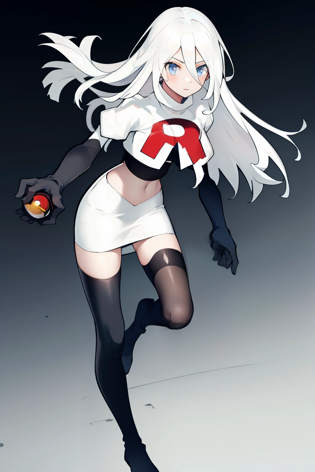 yorha type a no. 2, 1girl, absurdres, android, blue eyes, hair between eyes, long hair, robot, solo, white hair,
team rocket,team rocket uniform, red letter R, white skirt,white crop top,black thigh-highs,black elbow gloves