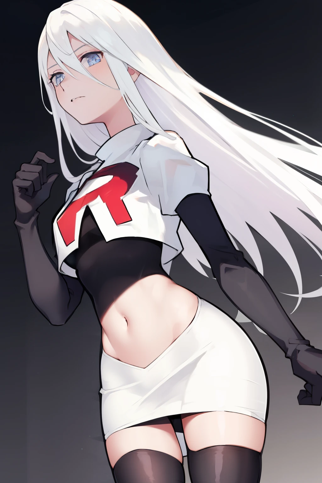 yorha type a no. 2, 1girl, absurdres, android, blue eyes, hair between eyes, long hair, robot, solo, white hair,
team rocket,team rocket uniform, red letter R, white skirt,white crop top,black thigh-highs,black elbow gloves