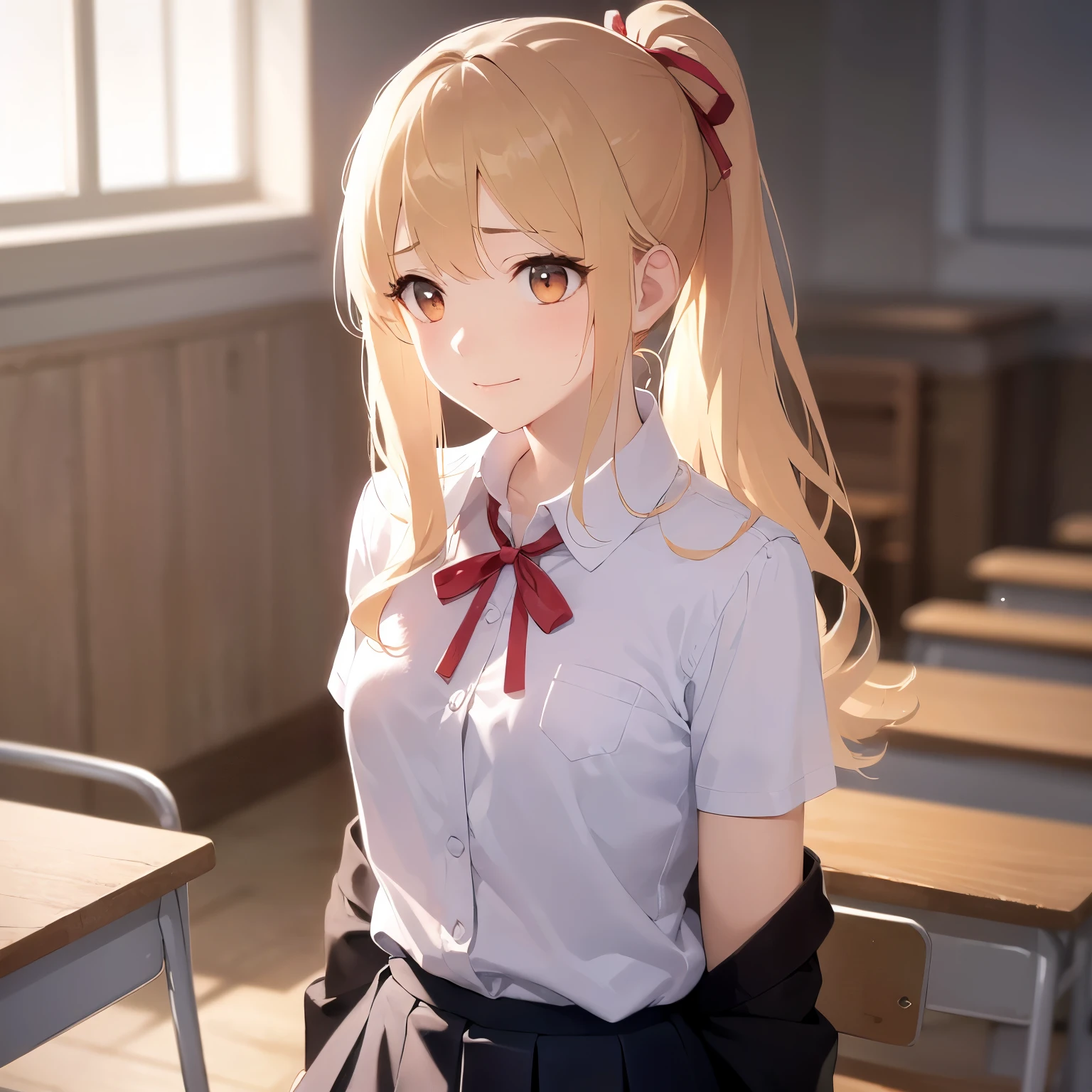 (lookin away:1.5), Upper Body, Realistic, real person, (pale skin: 1.2), RAW photo, photorealistic, portrait photography, shiny skin, japanese idol、shiny hair、(15 year old female with medium hair with blonde bangs) and (pony tail) and (wavy hair) and (orange eyes) , (sad:1.3)、smile, high school student、high 、(white shirt) and (red ribbon)、pleated skirt、The background is a classroom、Alone、Are standing