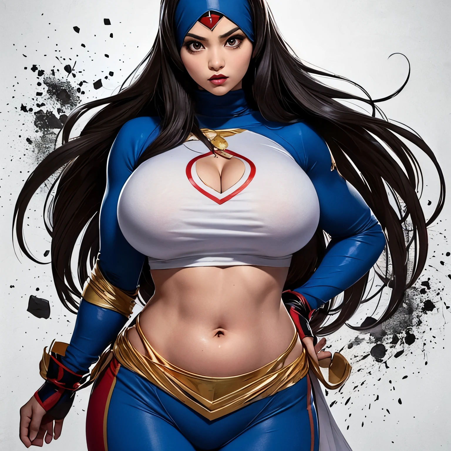 (Asian SuperWoman, Malaysian, huge breasts, athletic, slim waist, big hips, big eyes, Hijab with uniform symbol, tattered uniform) in a desperate fight with (Cannibal Corpse| Ninja) 