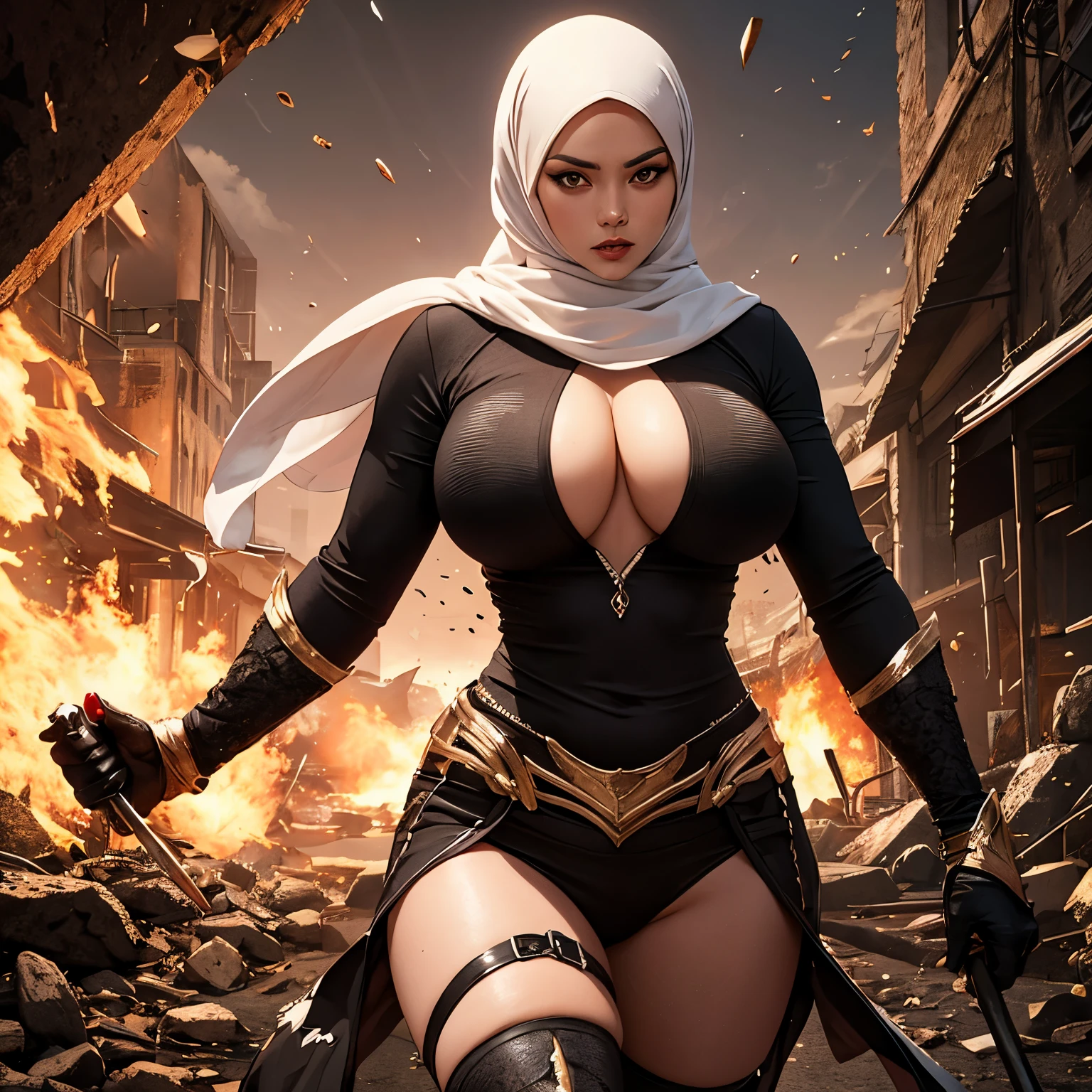 An Asian Superwoman from Malaysia, with huge breasts, an athletic build, a slim waist, and big hips, is in a desperate fight. She has big, captivating eyes and is wearing a Hijab with the symbol of her uniform. Despite the tattered condition of her uniform, she stands strong and determined. She is engaged in a fierce battle with either a Cannibal Corpse or a Ninja, showcasing her exceptional strength and combat skills. The scene is intense, with gripping action and a sense of urgency. The artwork should have the best quality, with a resolution of 4k or 8k, and an ultra-detailed, realistic or photorealistic style. Colors should be vivid, and the lighting should enhance the dynamic atmosphere of the fight.