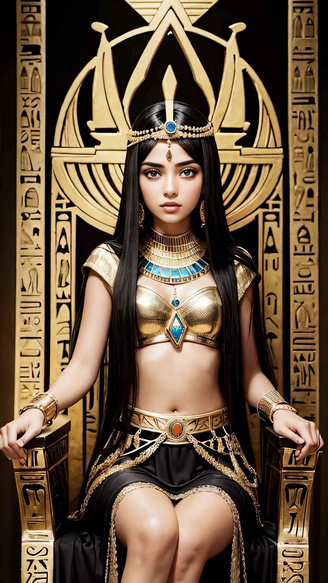 Beautiful Egyptian princess with brown eyes and long black hair centered on a throne inside a pyramid 