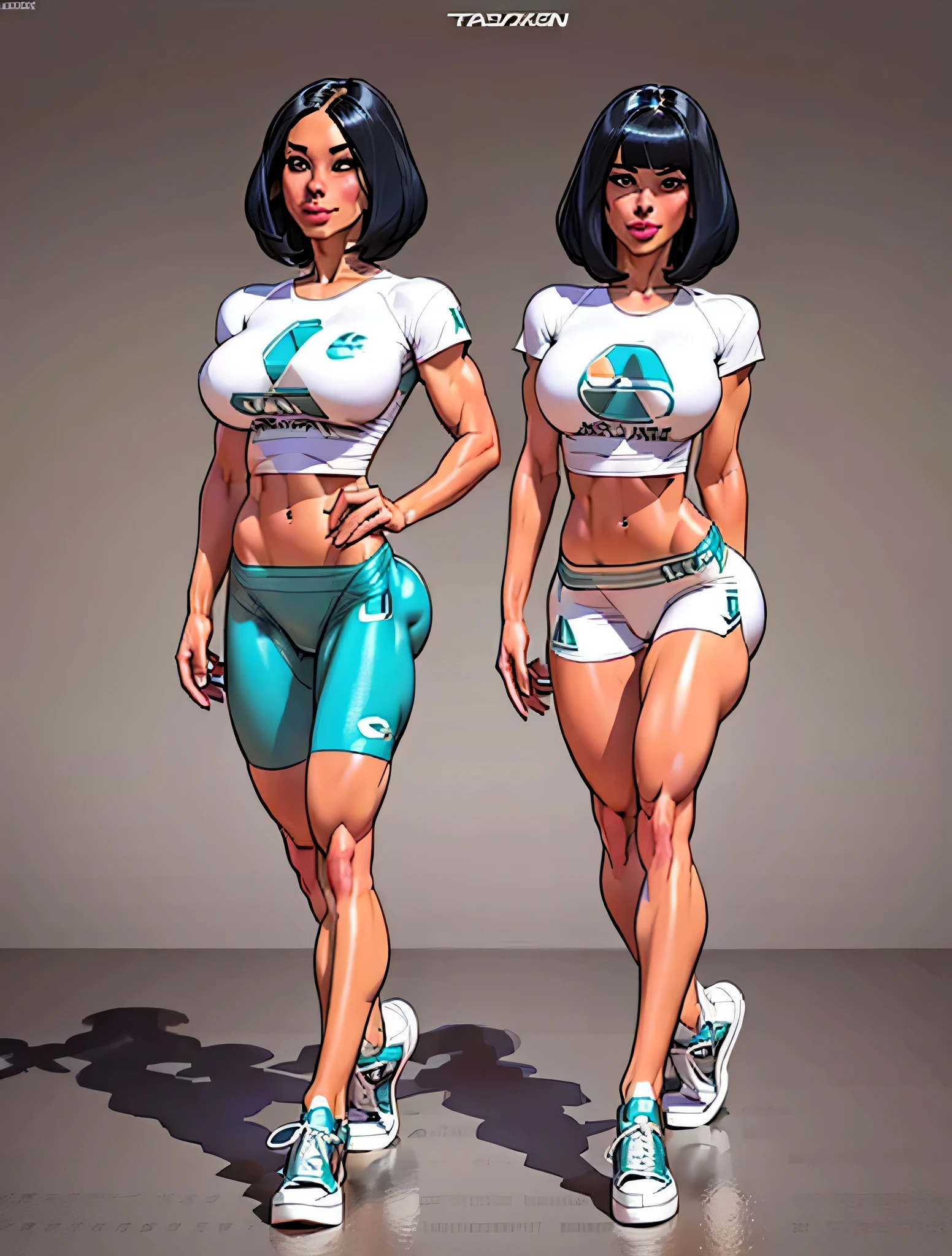 PELO NEGRO, long eyelashes, solid circle eyes, sonrisa ligera, 20 year old girl, tetas grandes, cabello suelto, Caucasian, camiseta blanca, Pantalones cortos deportivos verdes, zapatillas, ombligo visible, caminando, Unaccompanied, Surrealism, sombra paralela, Tachi-e, Tiroteo, atmospheric perspective, 8K, Super detail, Preciso, Mejor calidad