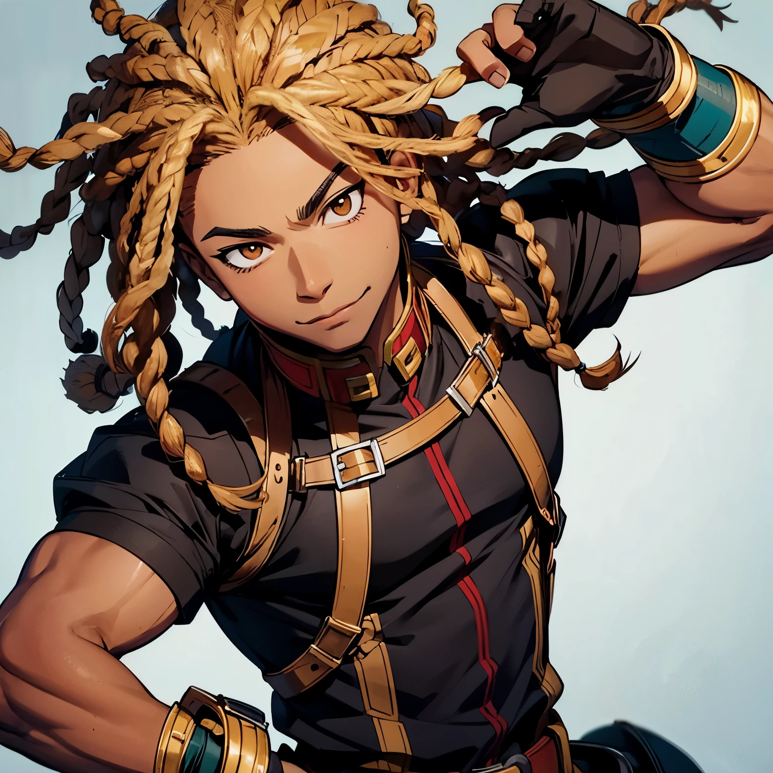 A young man with brown skin and short dark blonde dreadlocks wearing a heroic costume inspired by my hero academia