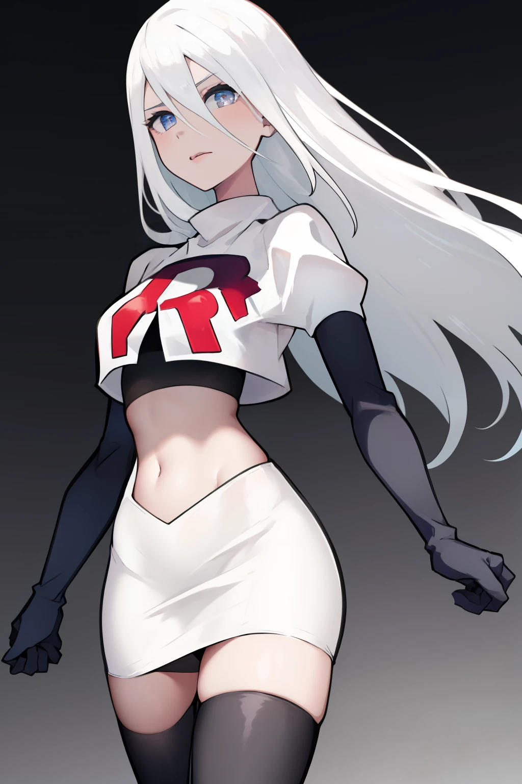 yorha type a no. 2, 1girl, absurdres, android, blue eyes, hair between eyes, long hair, robot, solo, white hair,
team rocket,team rocket uniform, red letter R, white skirt,white crop top,black thigh-highs,black elbow gloves