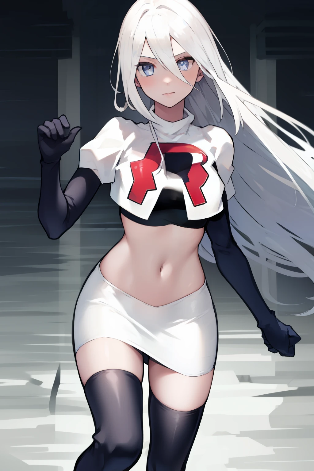 yorha type a no. 2, 1girl, absurdres, android, blue eyes, hair between eyes, long hair, robot, solo, white hair,
team rocket,team rocket uniform, red letter R, white skirt,white crop top,black thigh-highs,black elbow gloves