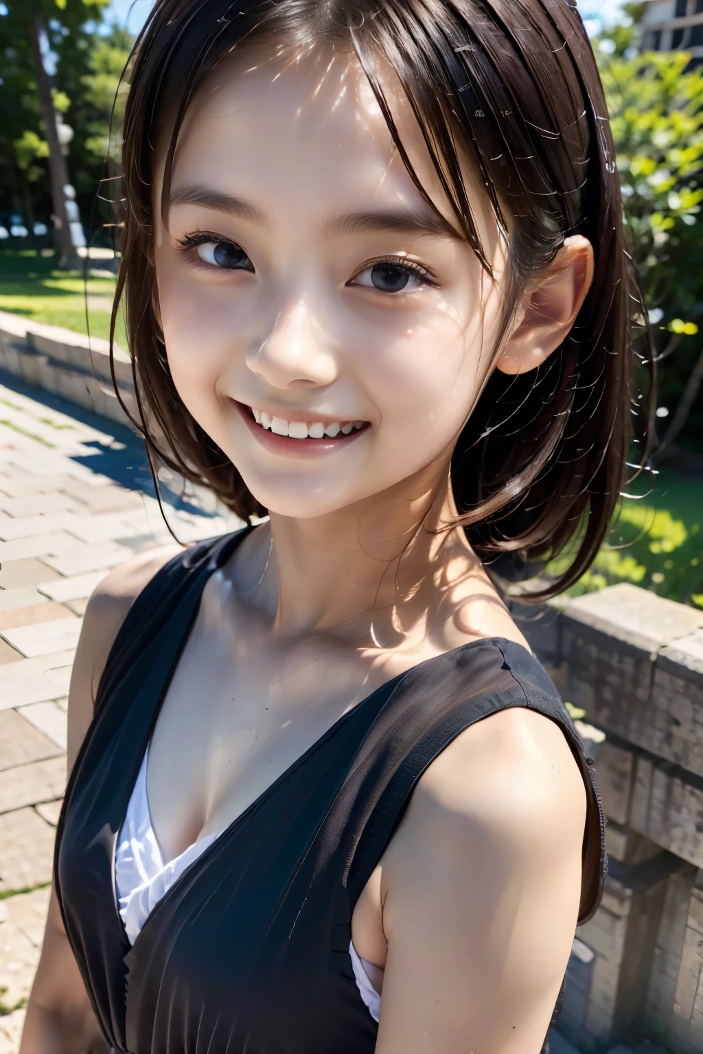 8 year old girl, teen, black hair, Japanese, (masterpiece:1.3)、1 person, Super detailed finish、(High resolution、8K:1.3)、(highest quality、Ultra-realistic as a photo:1.5)、sharp focus, 超High resolutionの顔、the face is in focus、Ultra high definition and beautiful eyes, very cute、very cute, smile,, embarrassing:1.3、stare at the camera:1.2,, soft light, slender, white dress