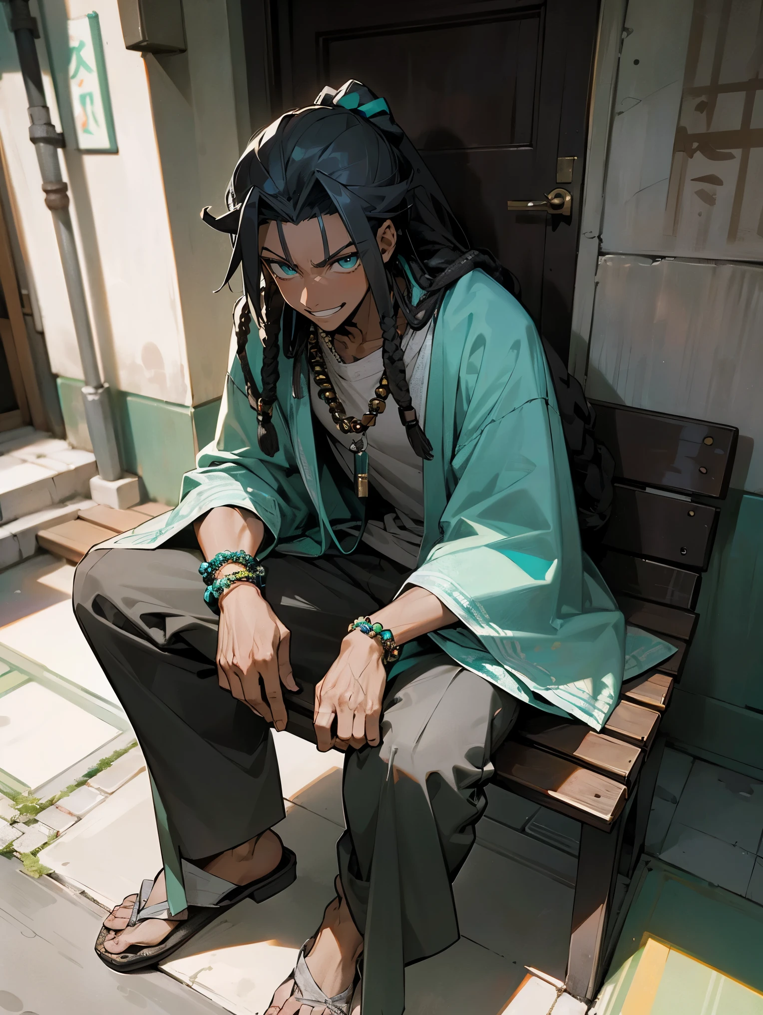 1male, adult, dark skin, finely detailed aqua eyes, grey color dreadlocks, long sleeve shirt, necklace, loose baggy pants, confident grin, serious, tokyo, walking down alleyway, sitting on bench, prayer bead bracelet,