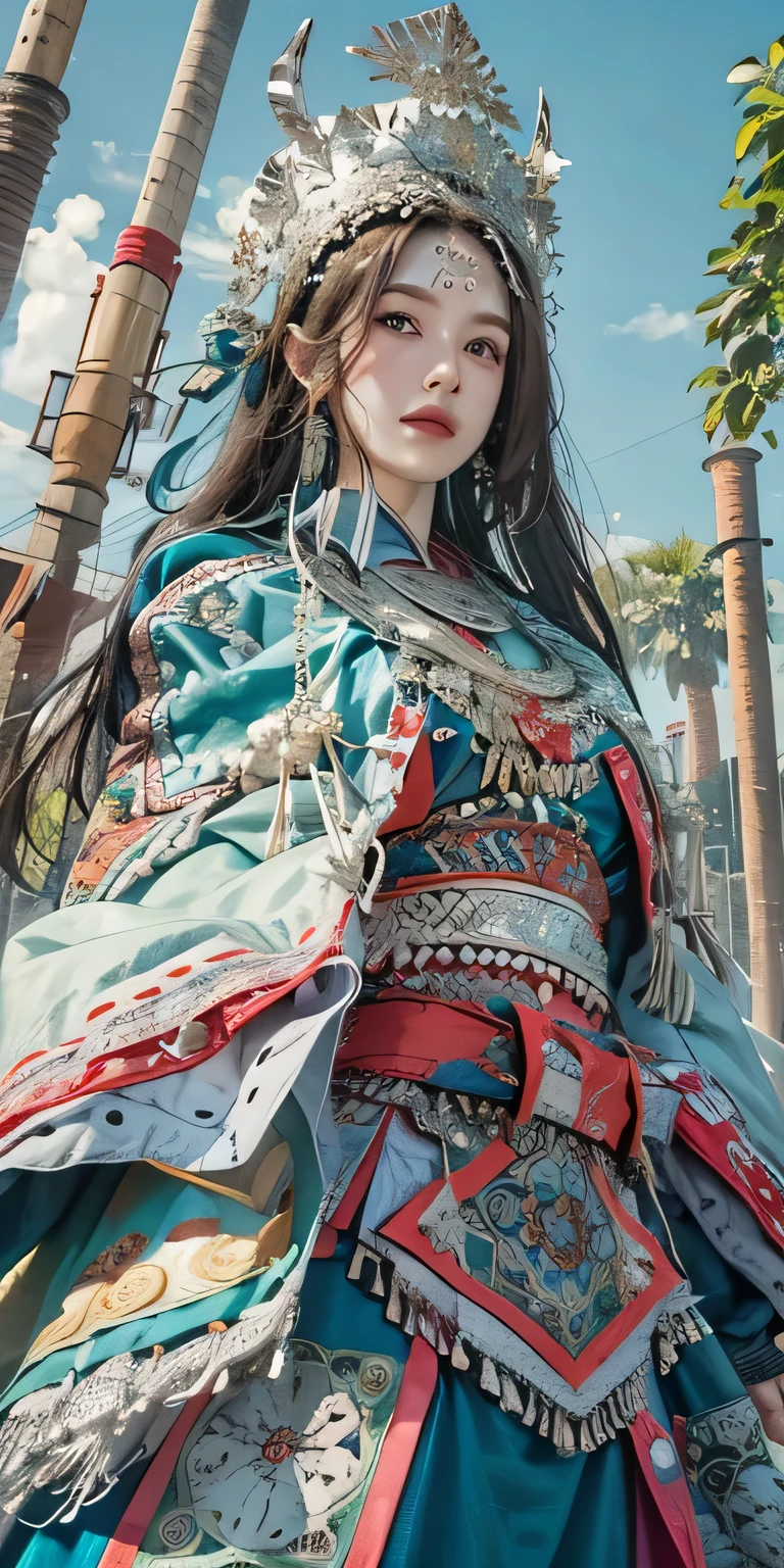 lifelike, High resolution, soft light,1 female, alone, Hips raised, shiny skin, (Detailed face), plateau,blue sky,paddy,Very detailed,torogao, Miao clothing, crown