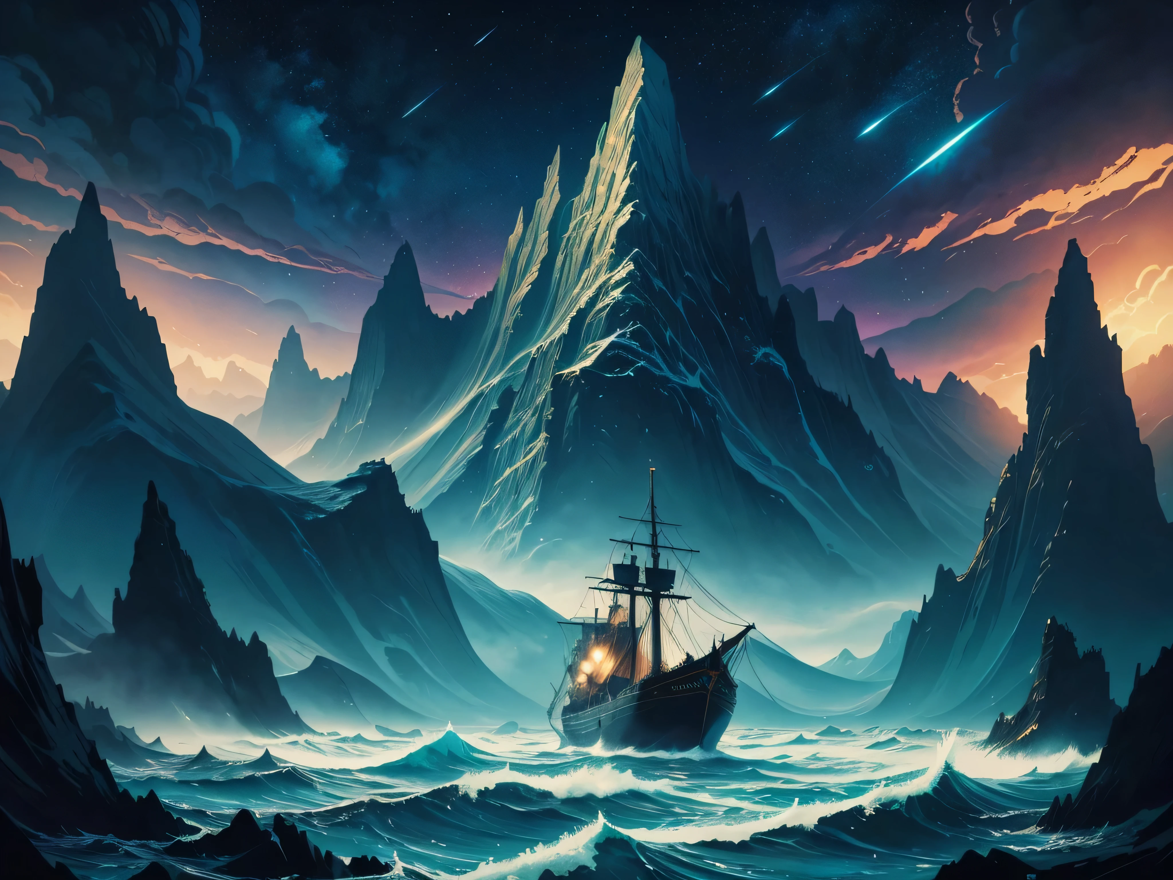 there is a painting of a ship in the ocean with mountains in the background, detailed dreamscape, inspired by Kilian Eng, calm night. digital illustration, full art illustration, dan mumford and alex grey style, by Kilian Eng, detailed digital illustration, a beautiful artwork illustration, g liulian art style, an ominous fantasy illustration, detailed fantasy illustration