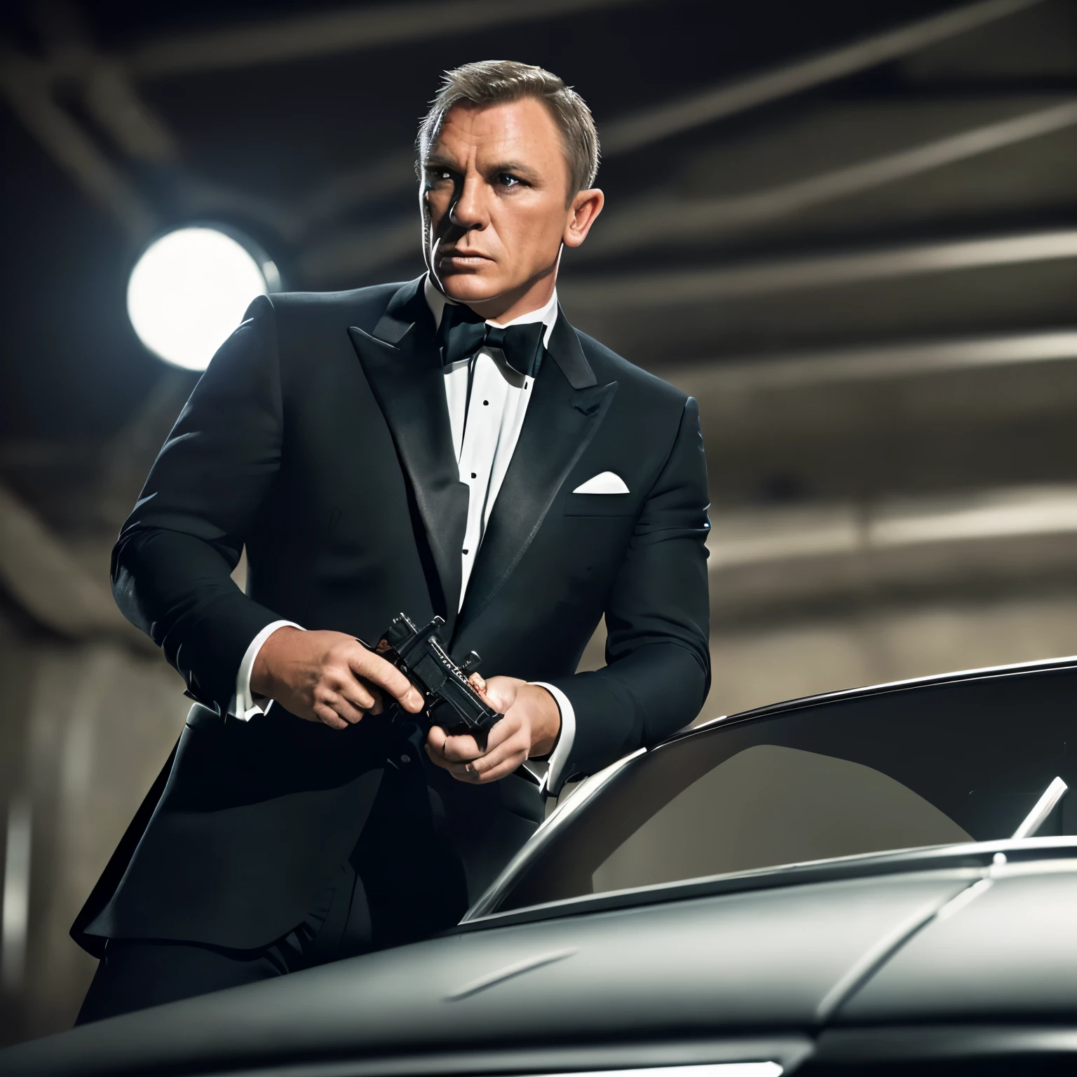 James Bond image with the number 777, ((stands tall and confident)), ((wearing a tuxedo)), ((suave and handsome)), ((gun poised and ready)), ((intense concentration on the target)), ((dark and moody background)), ((spotlight illuminating him)), ((high definition close-up)), ((Canon EOS R5)), ((50mm lens, ISO 400, 1/60s)), ((Adobe Photoshop)) ((cinematic and thrilling)), ((action-packed)), ((excellent detail and texture)), ((sharp focus on Bond's eyes)), ((Vintage Bond style)), ((007 logo visible on Bond's