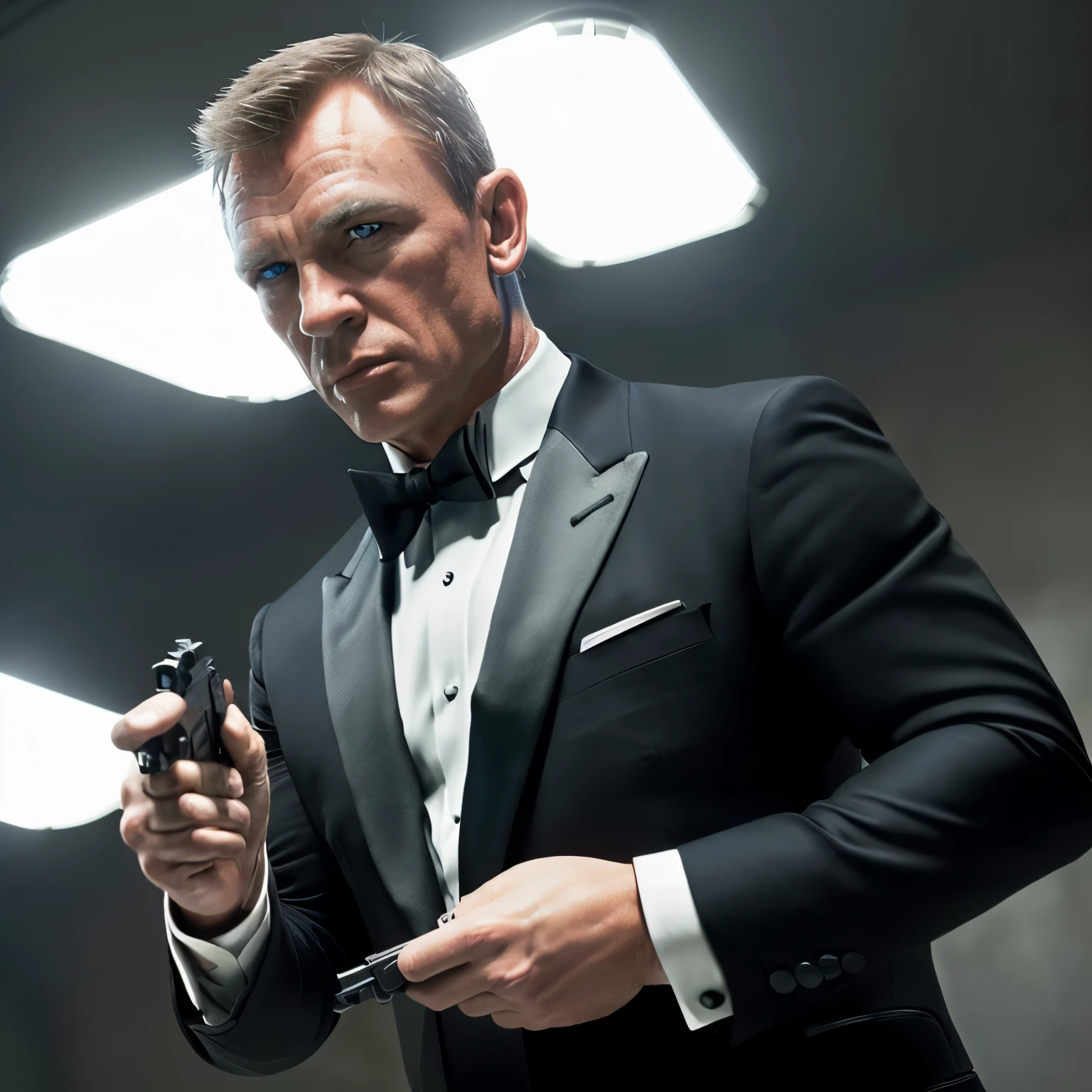 James Bond image with the number 777, ((stands tall and confident)), ((wearing a tuxedo)), ((suave and handsome)), ((gun poised and ready)), ((intense concentration on the target)), ((dark and moody background)), ((spotlight illuminating him)), ((high definition close-up)), ((Canon EOS R5)), ((50mm lens, ISO 400, 1/60s)), ((Adobe Photoshop)) ((cinematic and thrilling)), ((action-packed)), ((excellent detail and texture)), ((sharp focus on Bond's eyes)), ((Vintage Bond style)), ((007 logo visible on Bond's