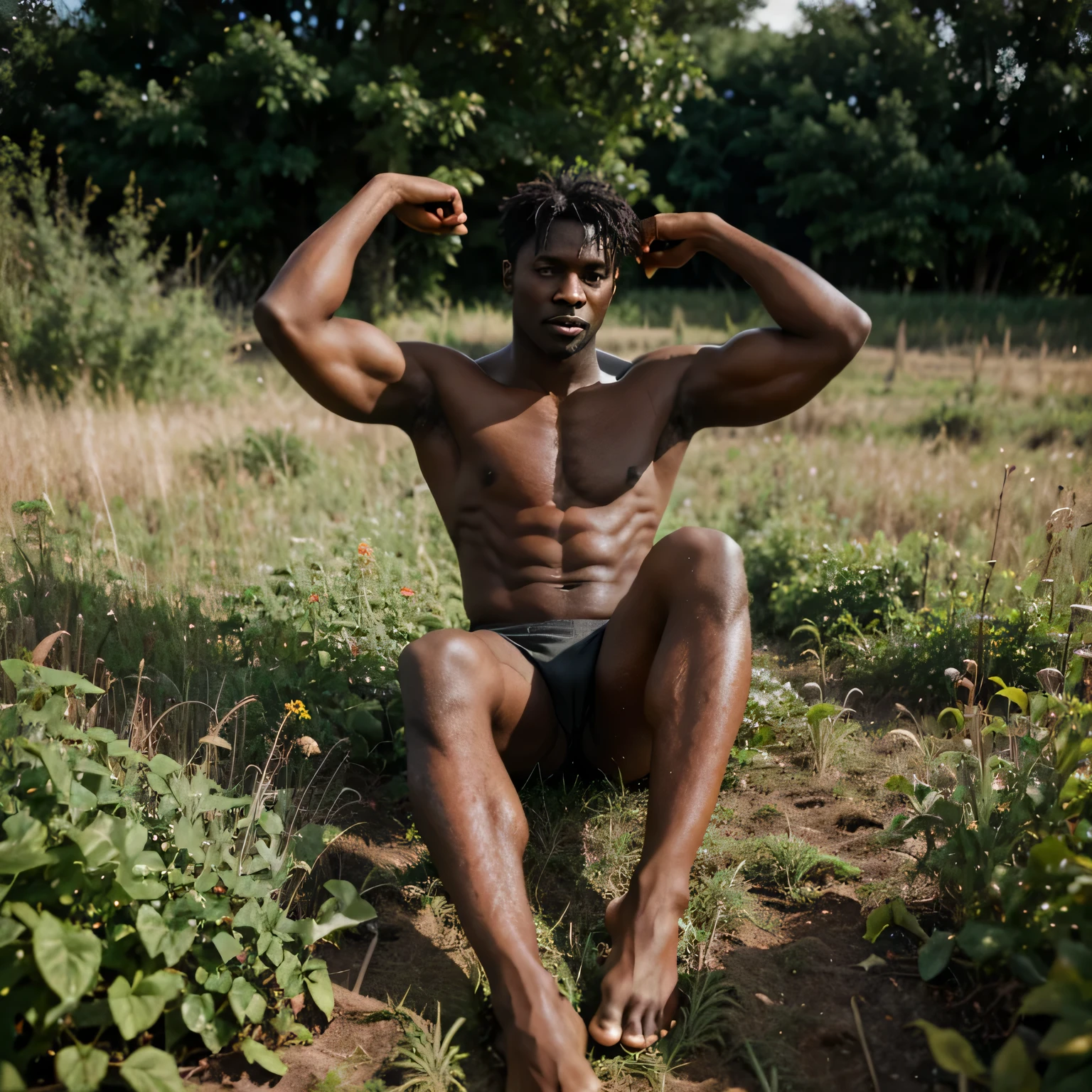 Dark skin male bare foot in a overgrown field with minimal clothes and muscular