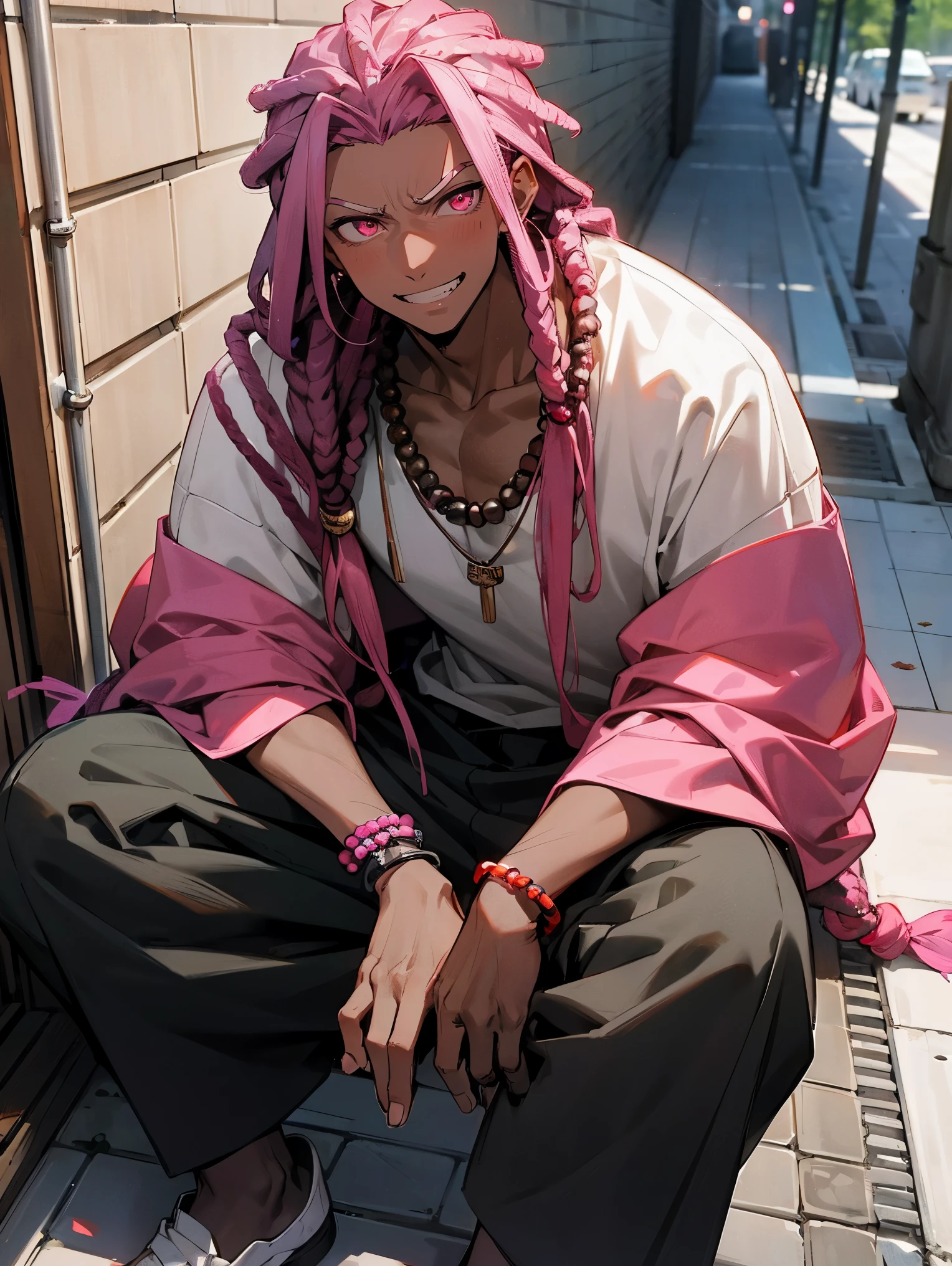 1male, young adult, dark skin, finely detailed pink eyes, grey color dreadlocks, long sleeve shirt, necklace, loose baggy pants, confident grin, serious, tokyo, walking down alleyway, sitting on bench, prayer bead bracelet