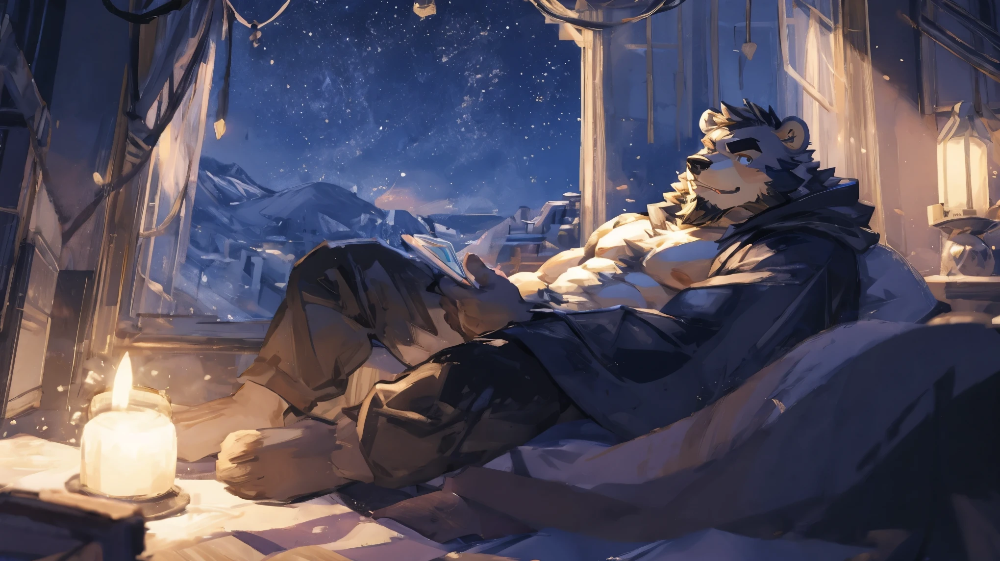 (masterpiece:1.2), best quality,pixiv,official art,perfect anatomy, (Ray tracing, light),solo, (1_male:1.3) , (muscle), (gray fur:1.4), (muscle bear), (beard:1.2), (gleaming golden eyes), Thick eyebrows, naked , cover blanket, bedroom, lying on the bed, french window , galaxy ,stars