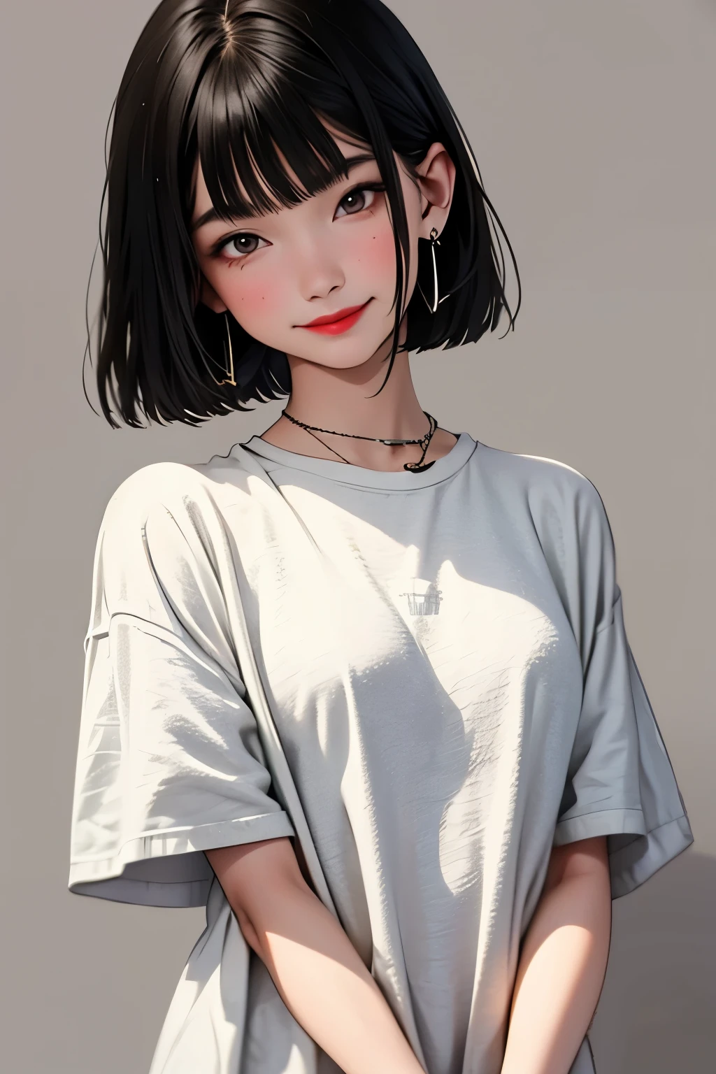 1 girl, alone, Upper body, facing forward, looking at the viewer, smile, 明るいsmile, white background, bob cut, short bob, short bangs, Patsun bangs, black hair, compensate, parted lips, red lips, eyeliner,plain t-shirt, Pure white T-shirt, short sleeve t-shirt, tanbi kei, mori kei, fashion kei