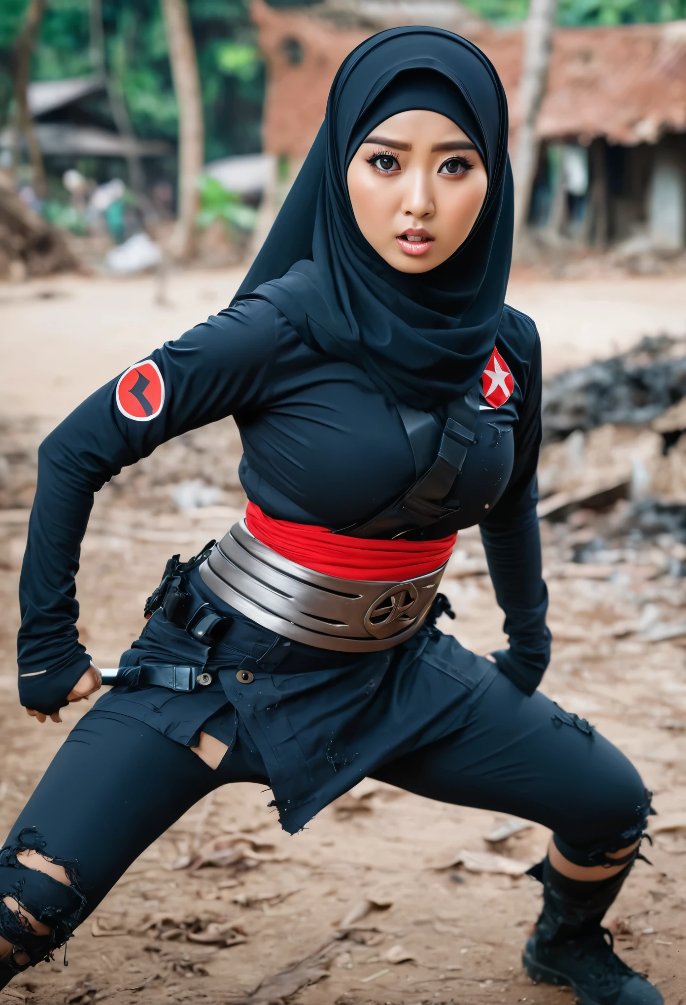 (Asian SuperWoman, Malaysian, huge breasts, athletic, slim waist, big hips, big eyes, Hijab with uniform symbol, tattered uniform) in a desperate fight with (Cannibal Corpse| Ninja)