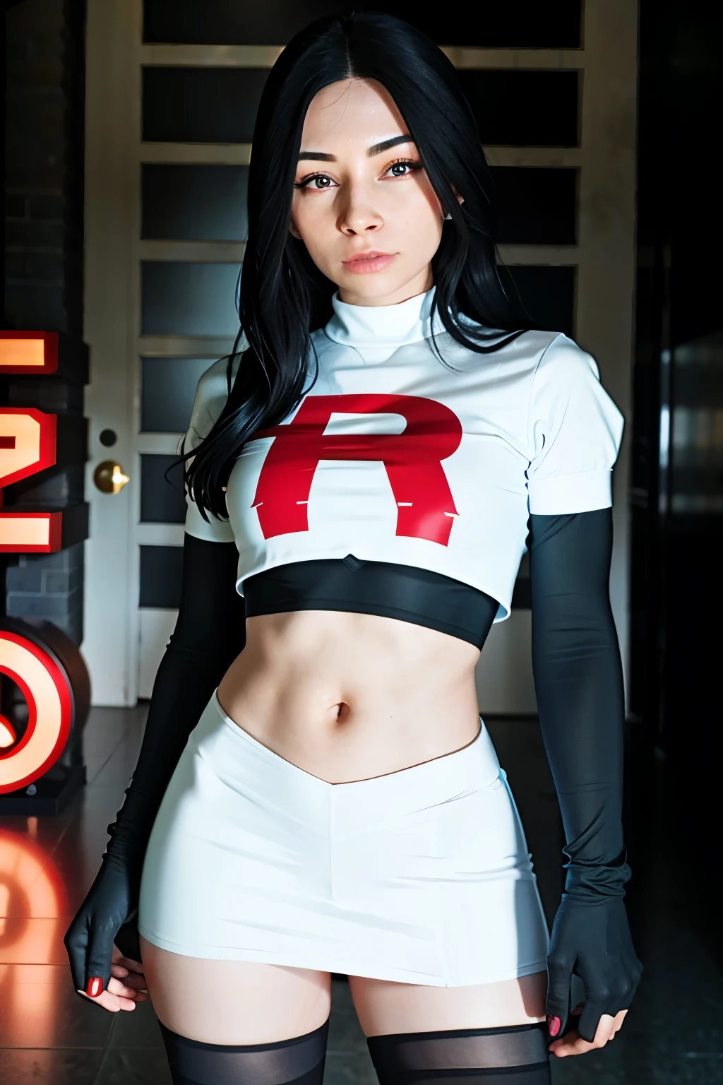 alinitydivine, a woman wearing team rocket,team rocket uniform, red letter R, white skirt,white crop top,black thigh-highs,black elbow gloves