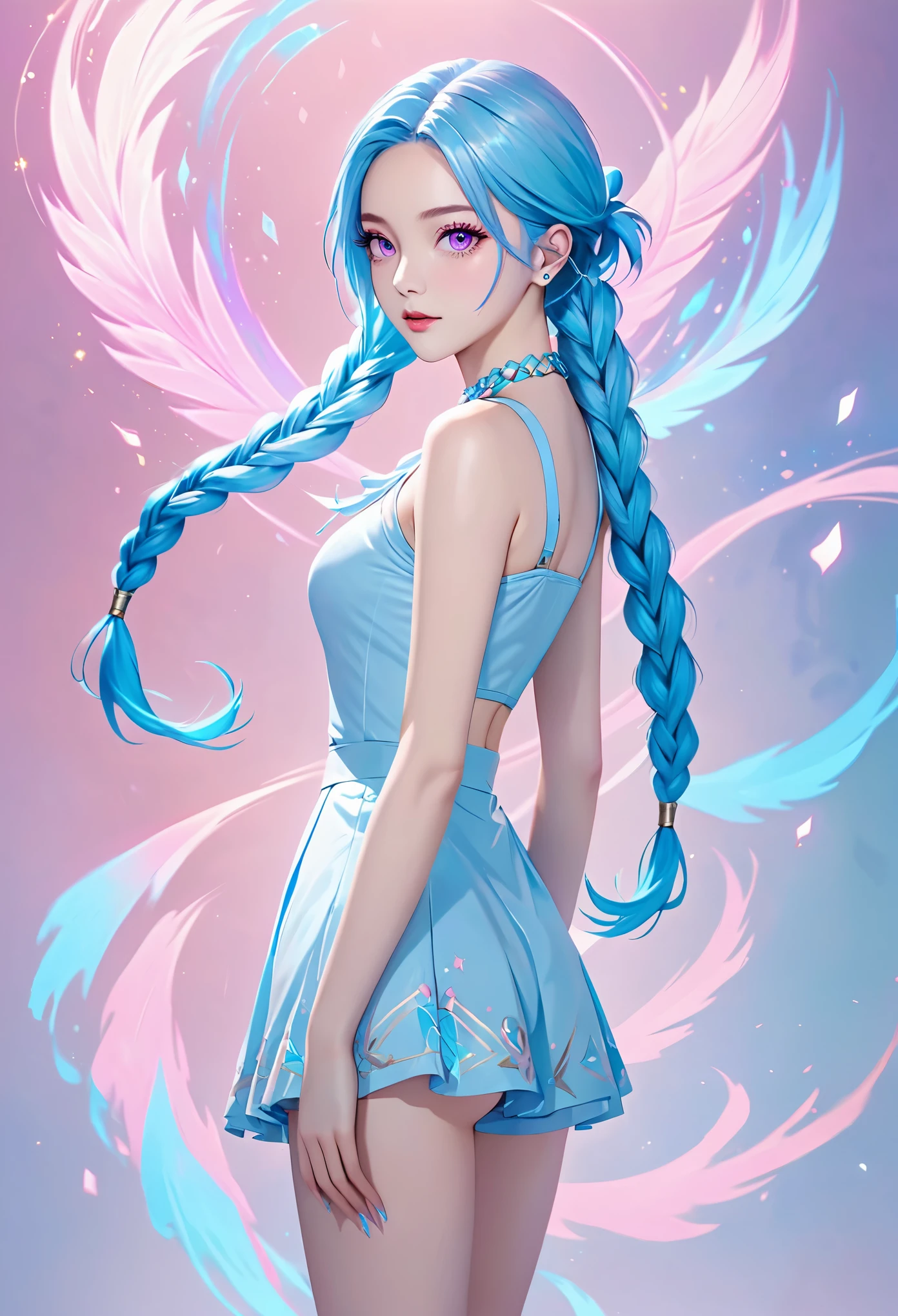 jinx, Draw a light on a blue, faced k-pop girl, (masterpiece:1.2),hi-res,4k,extremely delicate and beautiful art,pastel color,jinx_/(league of legends/), pink eyes, blue hair, [twin braids] full body,standing, portrait