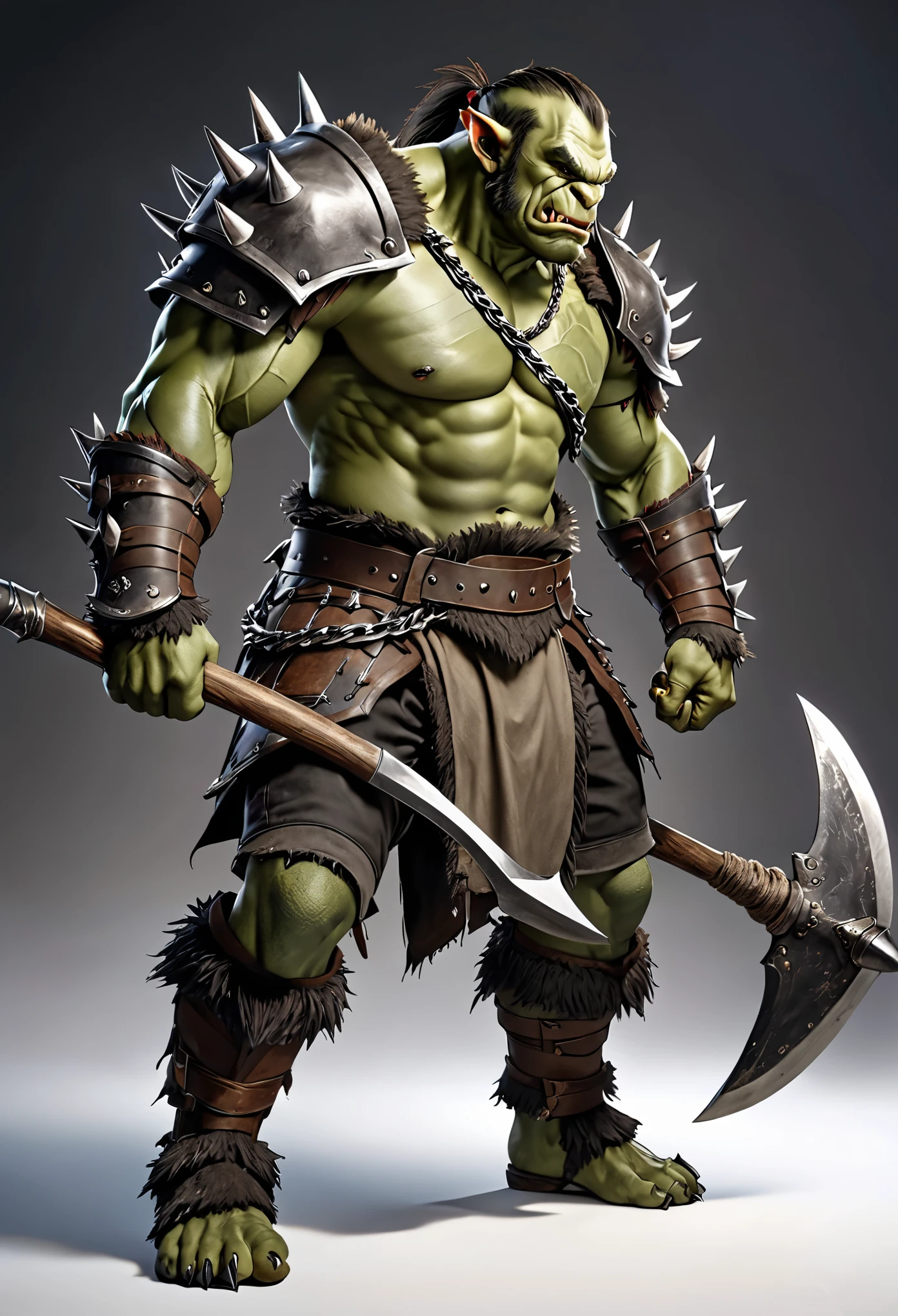 the best quality,masterpiece,ultra detailed,photorealistic,4K CG Wallpaper,HDR,Professional,studio light,full body,,Orc,orc,axe,1boy,solo,colored skin,weapon,male focus,armor,chain,spikes,tusks,muscular,holding axe,jewelry,shoulder armor,monster boy,white background,ponytail,holding,green skin,