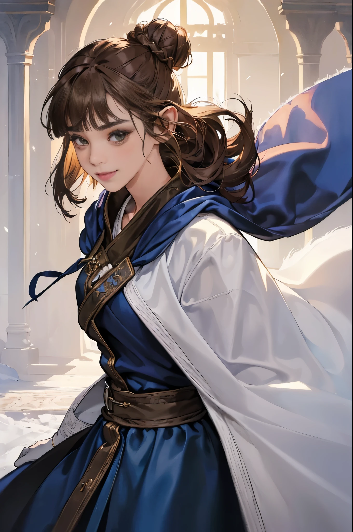 (((((girl))))), masterpiece, ultra detailed, 8K Portrait, Raw photo, woman's portrait photography, full body, Highly detailed face, mischievous childish smile, ((Fantasy)), (((hobbit))), ((Adult)), 45 years old, 110cm, (((ALCHEMIST))), ((tanned skin)), (((olive brown short bob topknot hair))), (((blunt bangs))), hair ornament, (((dark blue silk long Fluffy cloak))) Fluttering in the wind, (((white inner coat))), long skirt, leather gloves, Midday sun, Hyper realistic, Slender body, by the snowy castle, Ambient lighting, Shadow details, Camera focus on face, strong breeze, Light fog