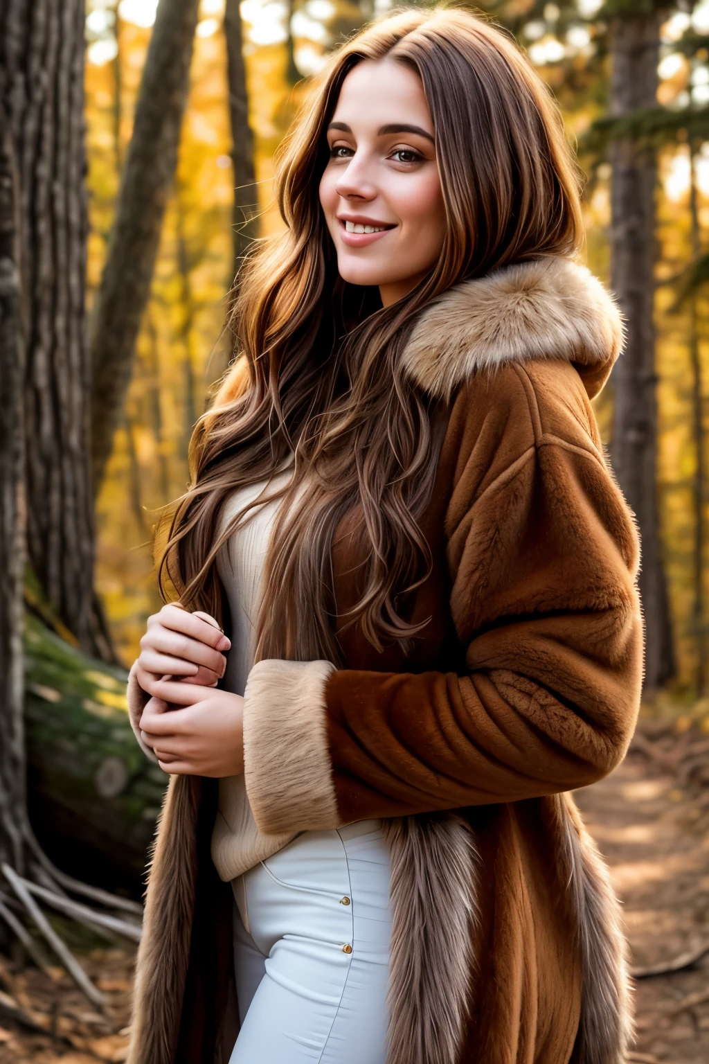 A long shot of a captivating and desirable 25-year-old woman with long, flowing chestnut brown hair stands proudly in front of a log cabin. Dressed in a luxurious and warm coyote fur coat, she exudes happiness and radiant beauty. The scene is set against the backdrop of a serene forest, with the sun casting cinematic light through the trees, illuminating the woman's striking features. Her expression is filled with joy and contentment, as if she is at peace with the world around her. The image is rendered in ultra-high resolution, with intricate details and textures that bring the scene and the woman to life in a masterpiece of phot