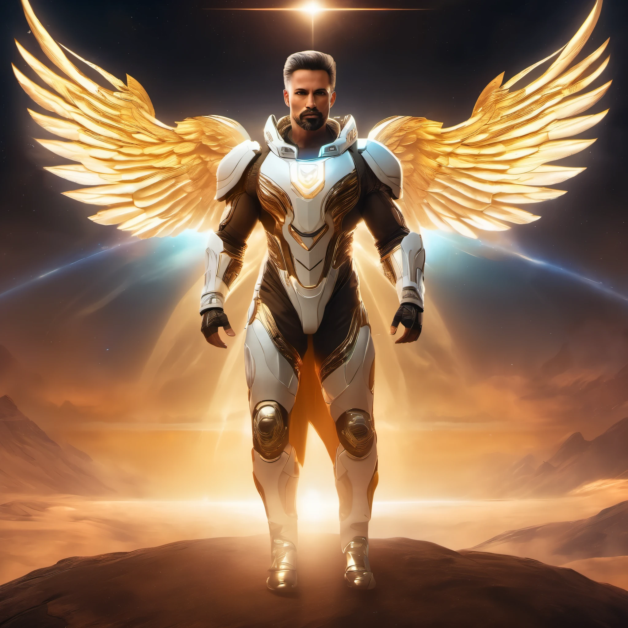 Powerful man in full height, looks into the lens, short glowing slicked back hair, bright glowing halo around the head, spiritual, divine with wings, Levitates, underneath is a spacesuit with futuristic armor, even skin color, muscles detailed