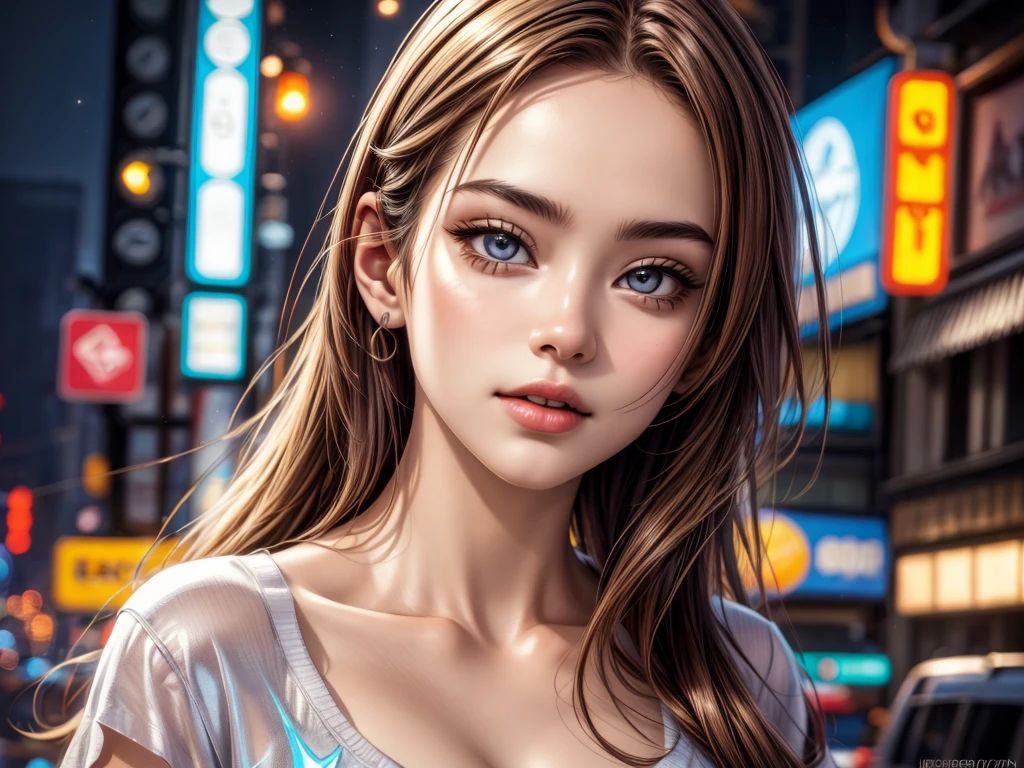 (best quality,4k,8k,highres,masterpiece:1.2),ultra-detailed,(realistic,photorealistic,photo-realistic:1.37),HDR,UHD,studio lighting,ultra-fine painting,sharp focus,physically-based rendering,extreme detail description,professional,vivid colors,bokeh,portraits,night scene,woman,attracting customers,(((twinkling neon lights))), busy downtown area