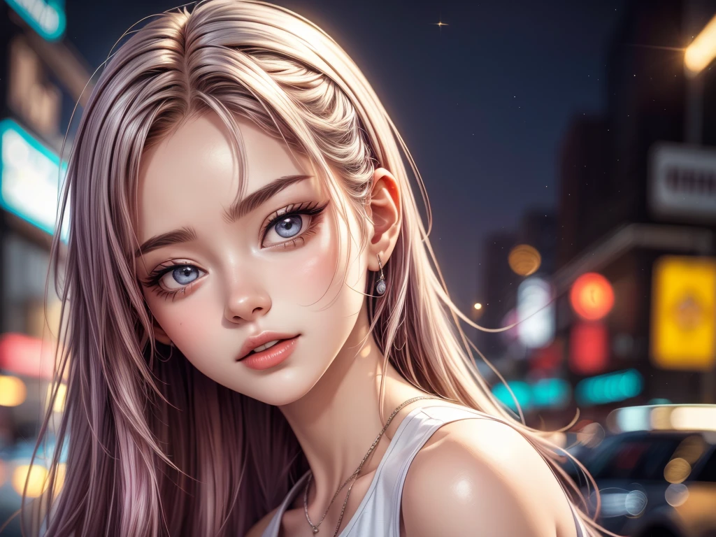 (best quality,4k,8k,highres,masterpiece:1.2),ultra-detailed,(realistic,photorealistic,photo-realistic:1.37),HDR,UHD,studio lighting,ultra-fine painting,sharp focus,physically-based rendering,extreme detail description,professional,vivid colors,bokeh,portraits,night scene,woman,attracting customers,(((twinkling neon lights))), busy downtown area