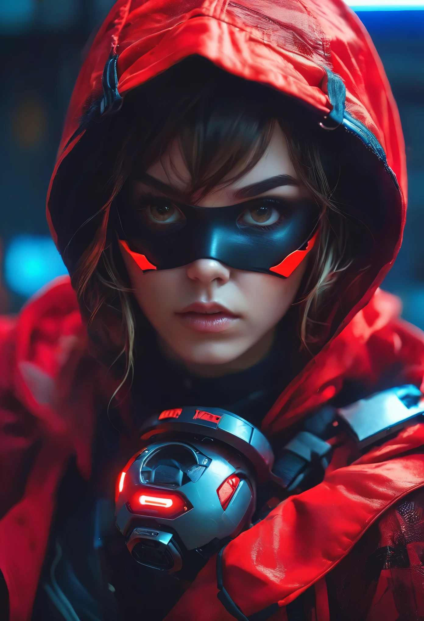 neon ninja style, a close up of a person wearing a red hood and there is a big ball in the middle of a room, a closeup of an electronic device on a table
