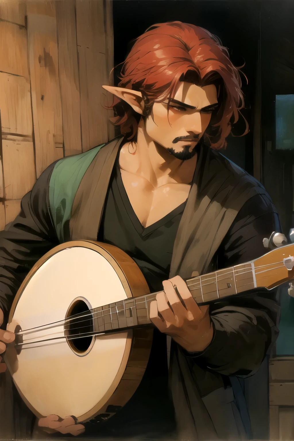 Tanned male humanoid with long-white horns and a black-pompadour hair with dark-red streaks, having pointed ears and a black-goatee. Red scales appear from the chest up to the neck. He uses a dark green jacket over a v-neck black shirt and plays a brown-wooden banjo. His face have a blasè attitude, looking directly to the screen. artwork, high quality, oil painting