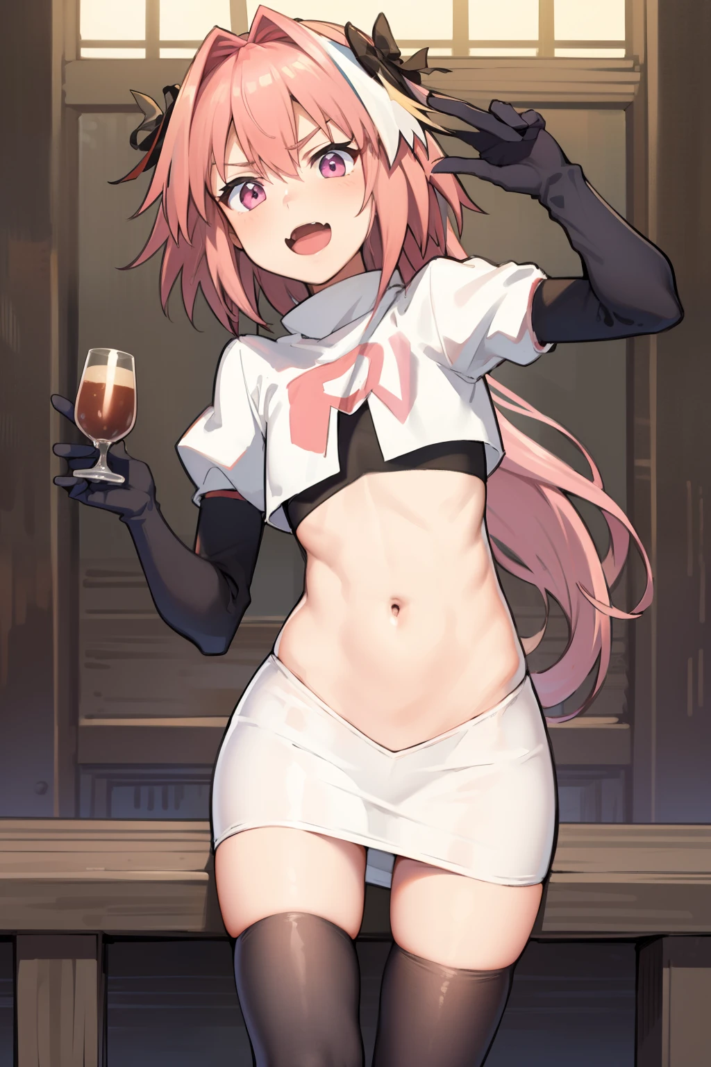 absurdres, masterpiece, best quality, (astolfo fate:1.2155), 1boy, male focus, trap, pink multicolored hair, pink hair, white hair, hair intakes, long hair, pink detailed eyes, crossdressing,1boy, team rocket,team rocket uniform, red letter R, white skirt,white crop top,black thigh-highs,black elbow gloves