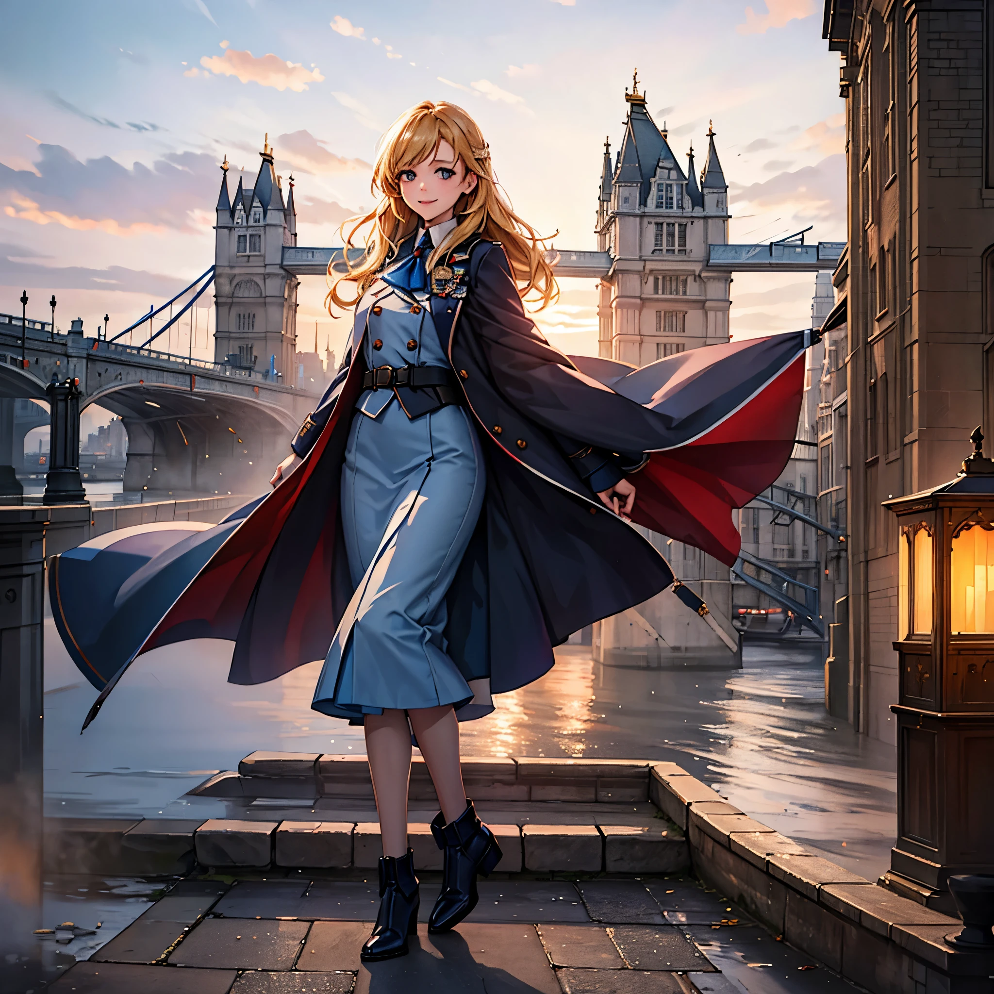 A woman with a long blue coat, personalized with the Great Britain flag, blonde hair, blue eyes, smiling, on England's Tower Bridge, with the sky at the end of the sunset, illuminated place, ultra resolution, perfect, well detailed, artwork, 4k hd
