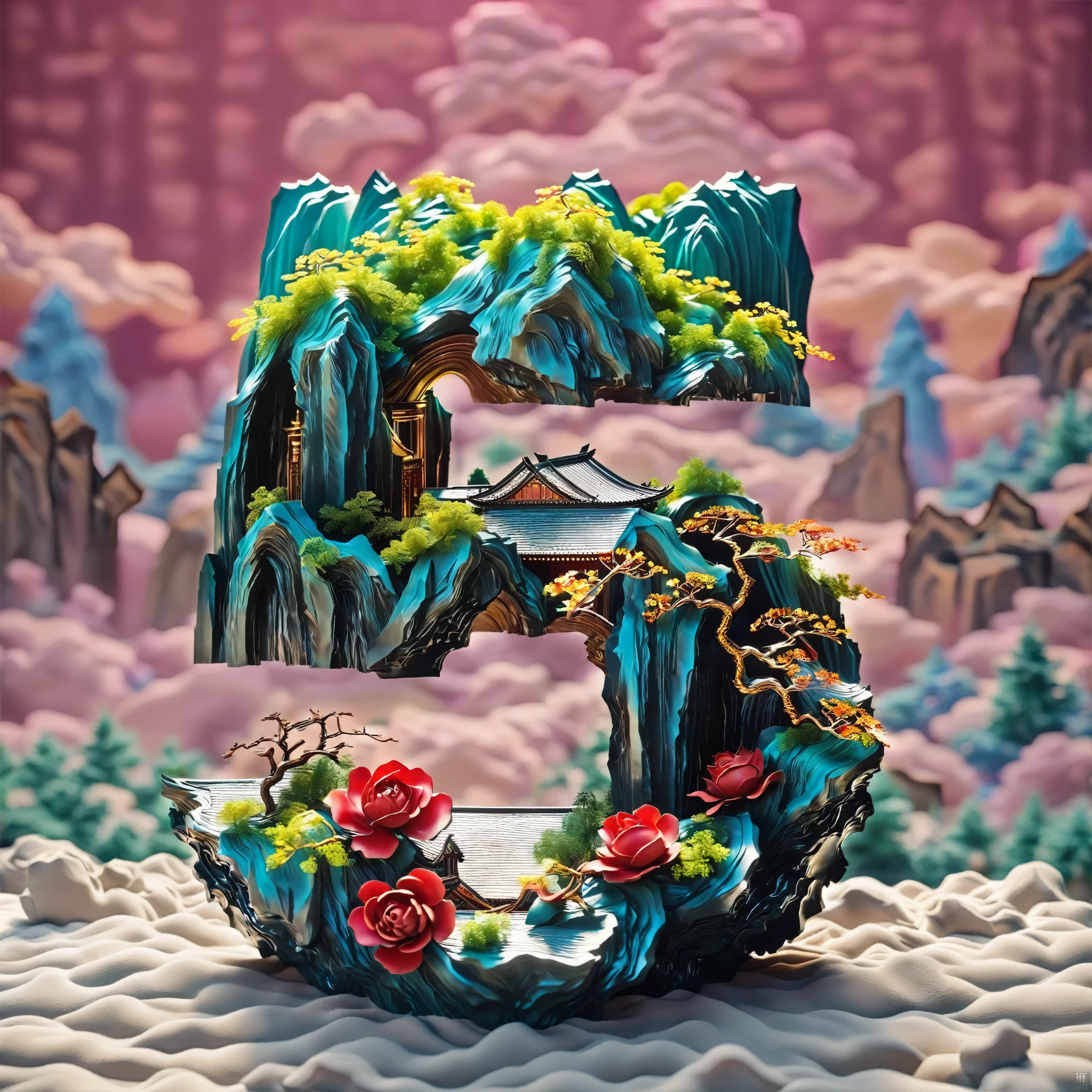 (Digital art,ink:1.2), (Oriental elements, Chinese color, Advanced color matching), (3D sculpture,Render by Octane,Volumetric light,natural soft light,), (Super exquisite:1.2, Loss of focus:1.2, Very colorful, movie lighting, chiaroscuro,Ray tracing), Mountain, trees, river,rose