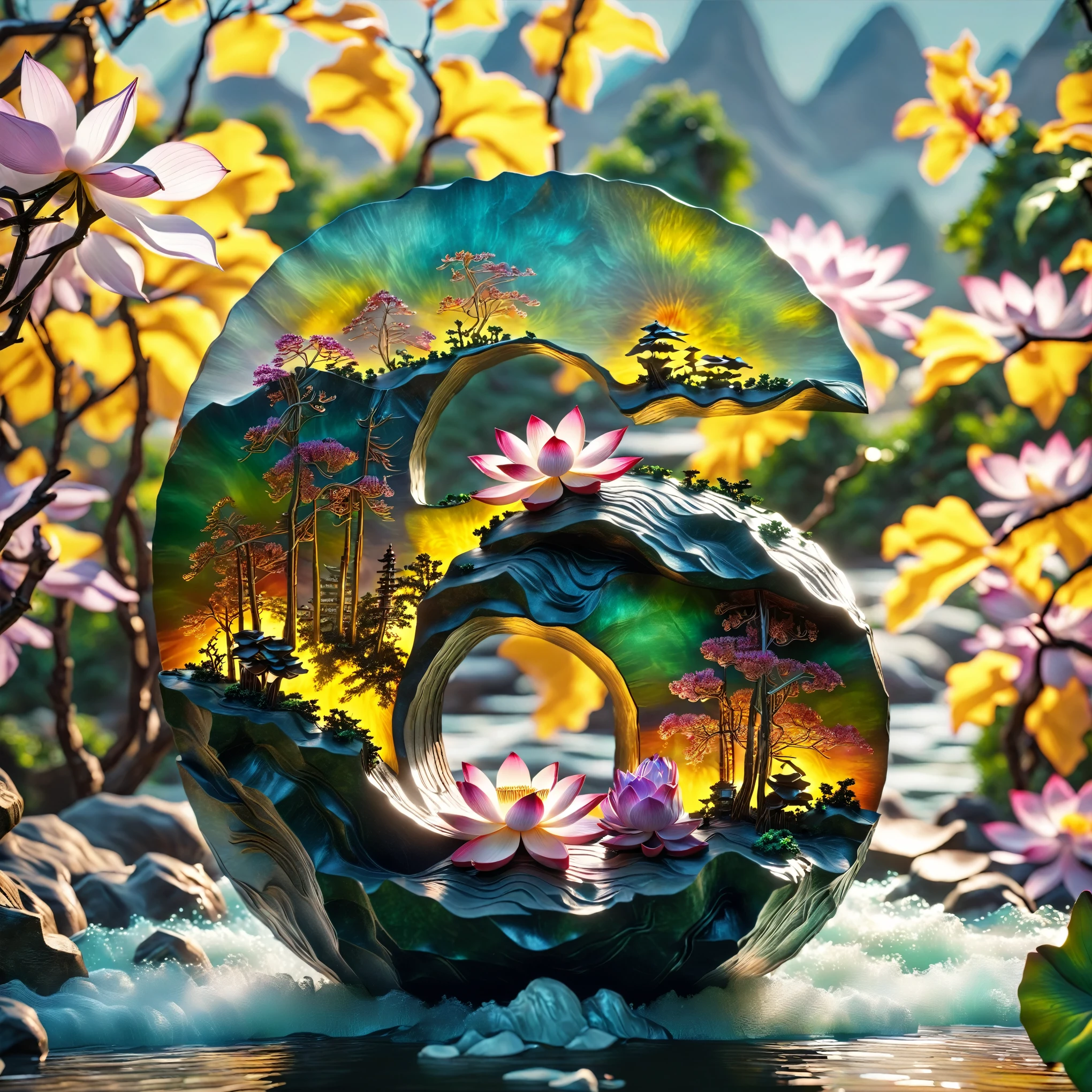 (Digital art,ink:1.2)， (Oriental elements, Chinese color, Advanced color matching),  (3D sculpture，Render by Octane，Volumetric light，natural soft light，), (Super exquisite:1.2, Loss of focus:1.2, Very colorful, movie lighting, chiaroscuro,Ray tracing), Mountain, trees, river，lotus flowers