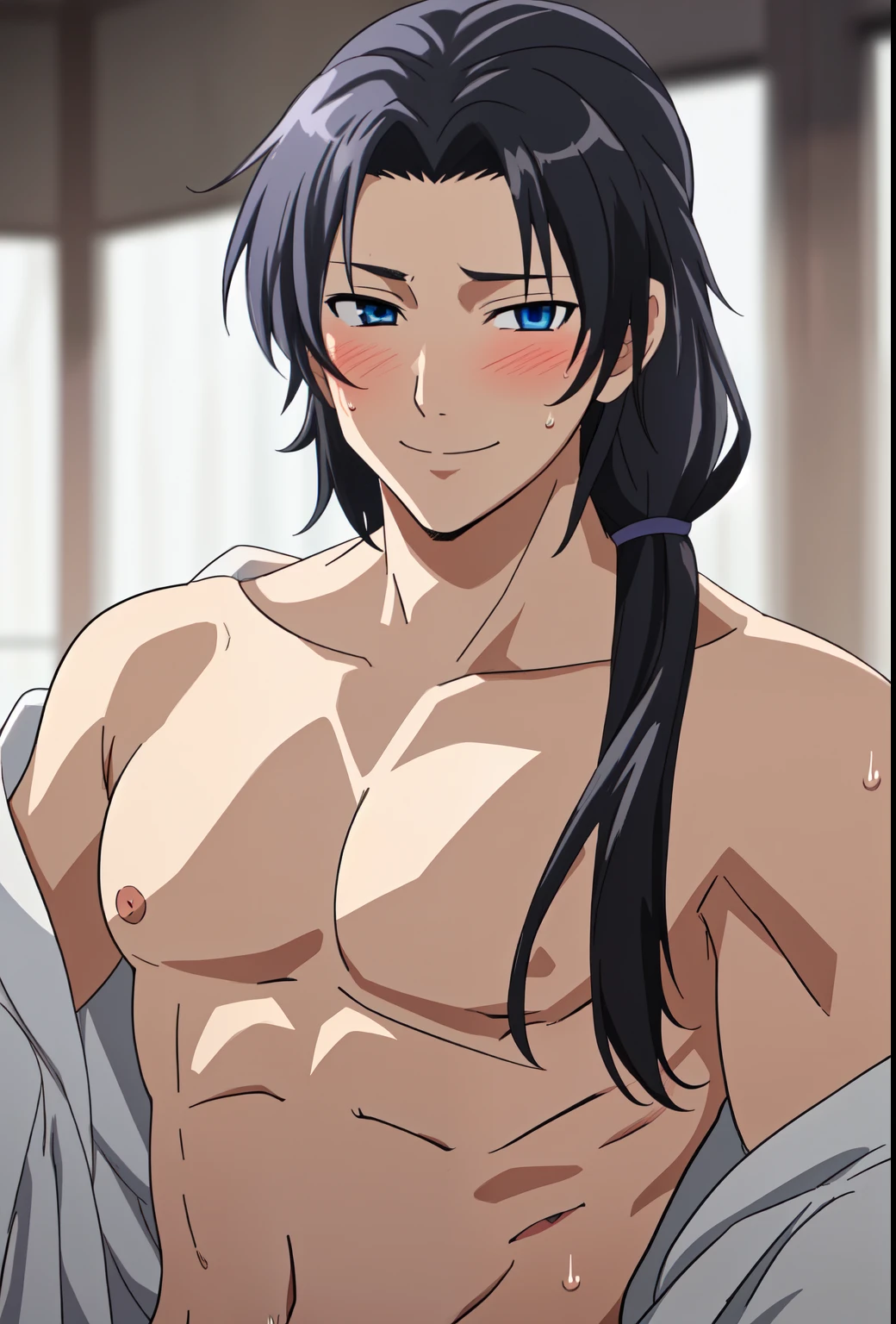 jinshi, long hair, ((BLACK hair)), ((blue eyes)), parted bangs, looking at viewer, low ponytail, solo, sweat, blurry background, topless male, 1boy, BREAK
score_9, score_8_up, score_7_up, score_6_up, anime (((in an open robe))),((blush)),(smile)