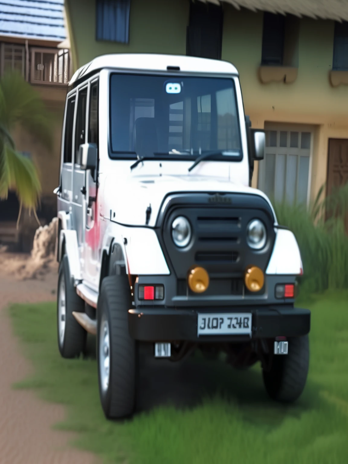 jeep parked on a dirt road near a house and a building, mahindra thar, front view 2 0 0 0, front profile shot, full front view, front profile, front side, front side view, front profile!!!!, side front view, front top side view, 3/4 front view, full view of a car, jeep, frontal shot, front side full