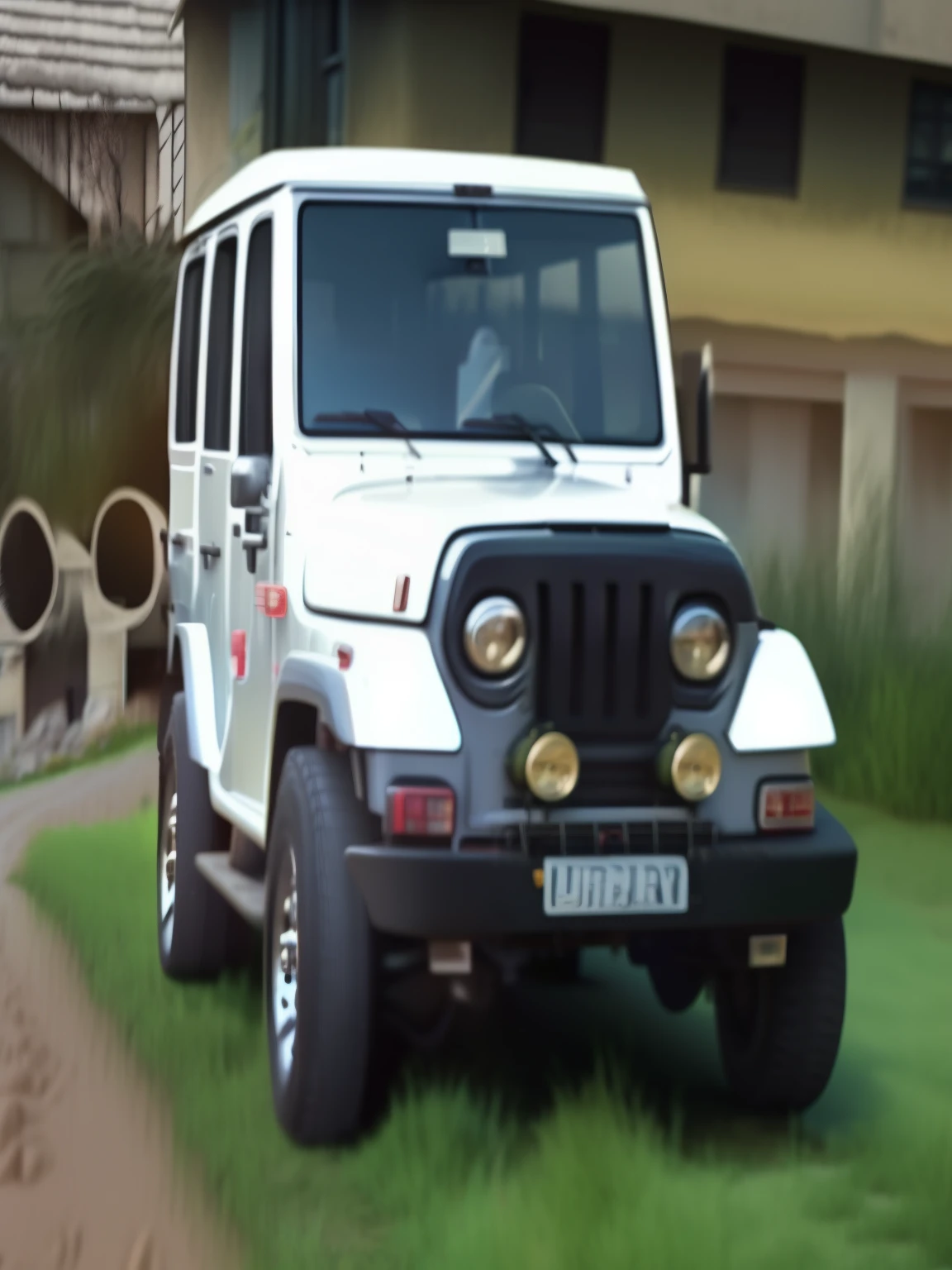 jeep parked on a dirt road near a house and a building, mahindra thar, front view 2 0 0 0, front profile shot, full front view, front profile, front side, front side view, front profile!!!!, side front view, front top side view, 3/4 front view, full view of a car, jeep, frontal shot, front side full