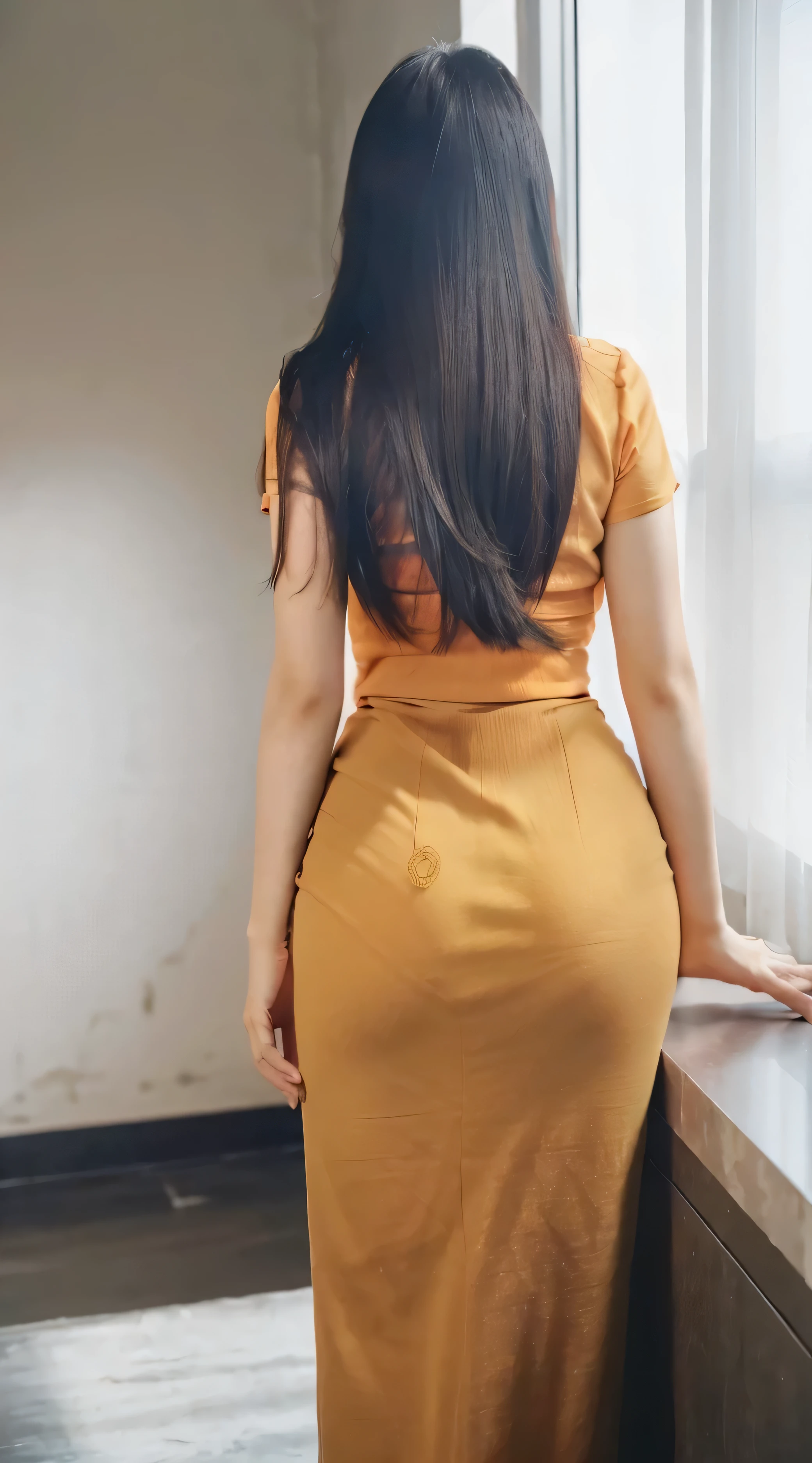 Masterpiece, (((full figure))) entire body in frame, (((magical lighting action shot))) (((beautiful slight smile anorexic pale goddess Irish woman bend over in school office))), ((( flowing dress showing off body looking into camera))) , (((long black hair))) moody lighting, orange shirt ,tight orange long skirt, very detailed, dramatic lighting, digital art trending on Artstation 8k HD high definition detailed realistic, detailed, skin texture, hyper detailed, realistic skin texture, armature, best quality, ultra high res, (photorealistic:1.4), high resolution, detailed, raw photo, sharp re, by lee jeffries nikon d850 film stock photograph 4 kodak portra 400 camera f1.6 lens rich colors hyper realistic lifelike texture dramatic lighting unrealengine trending on artstation cinestill 800, (((accurate female anatomy, perfect eyes))), ass emphasized, ((, slightly rounded, accentuated ass)), back view, ((erect, streak, emerge)), back view, bend over,
tight orange long skirt,orange shirt,
myanmar ,pantyline, emphasize ass,