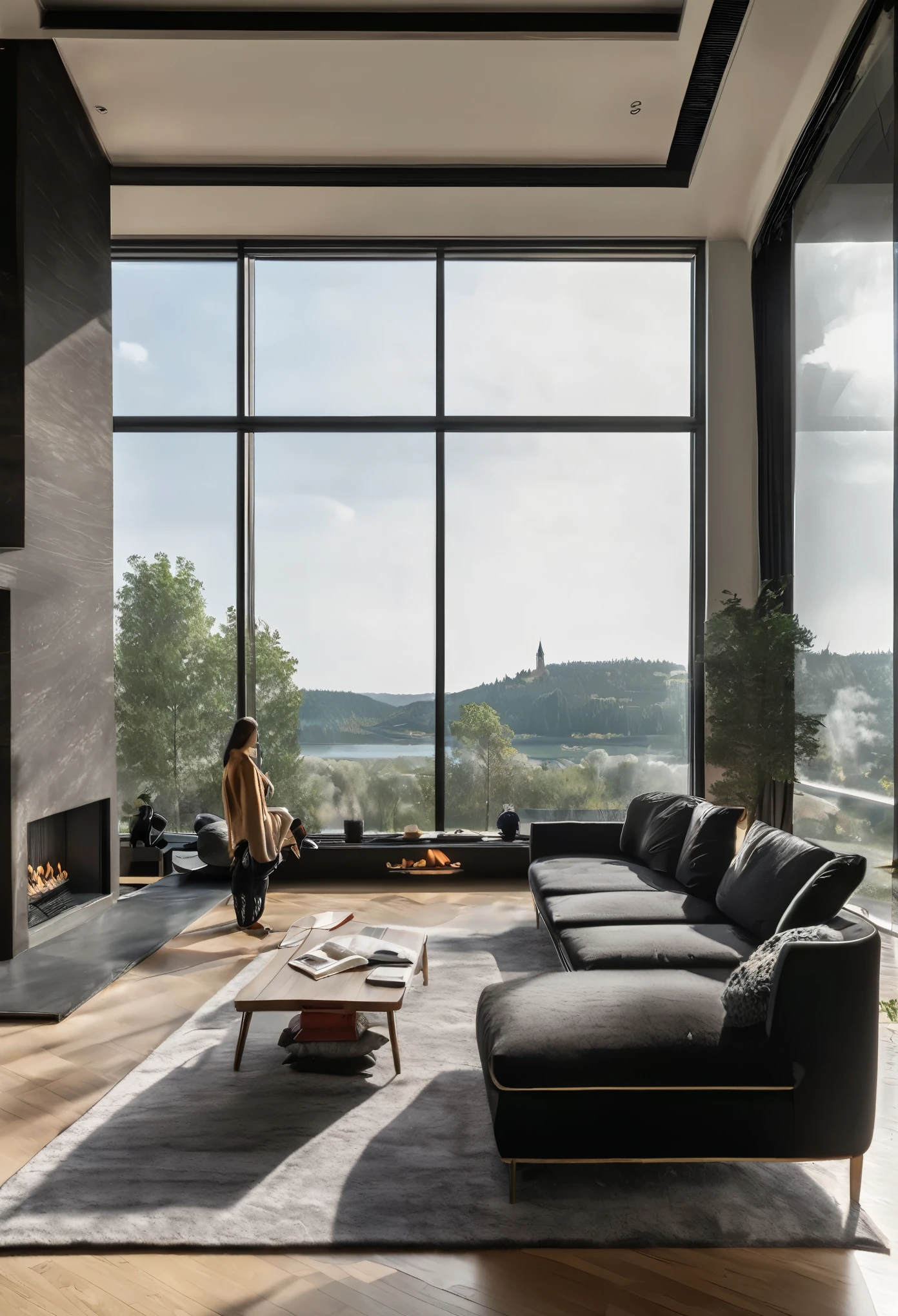 Simple room，Set up the fireplace，Fireplace front view，Man on the couch is reading a book，There are floor-to-ceiling windows，sofe，a chair，Elegant style decoration，high-definition photography，Best Masterpiece，HighestQuality, Big window, Realistic, Euurope, Women, Black dress