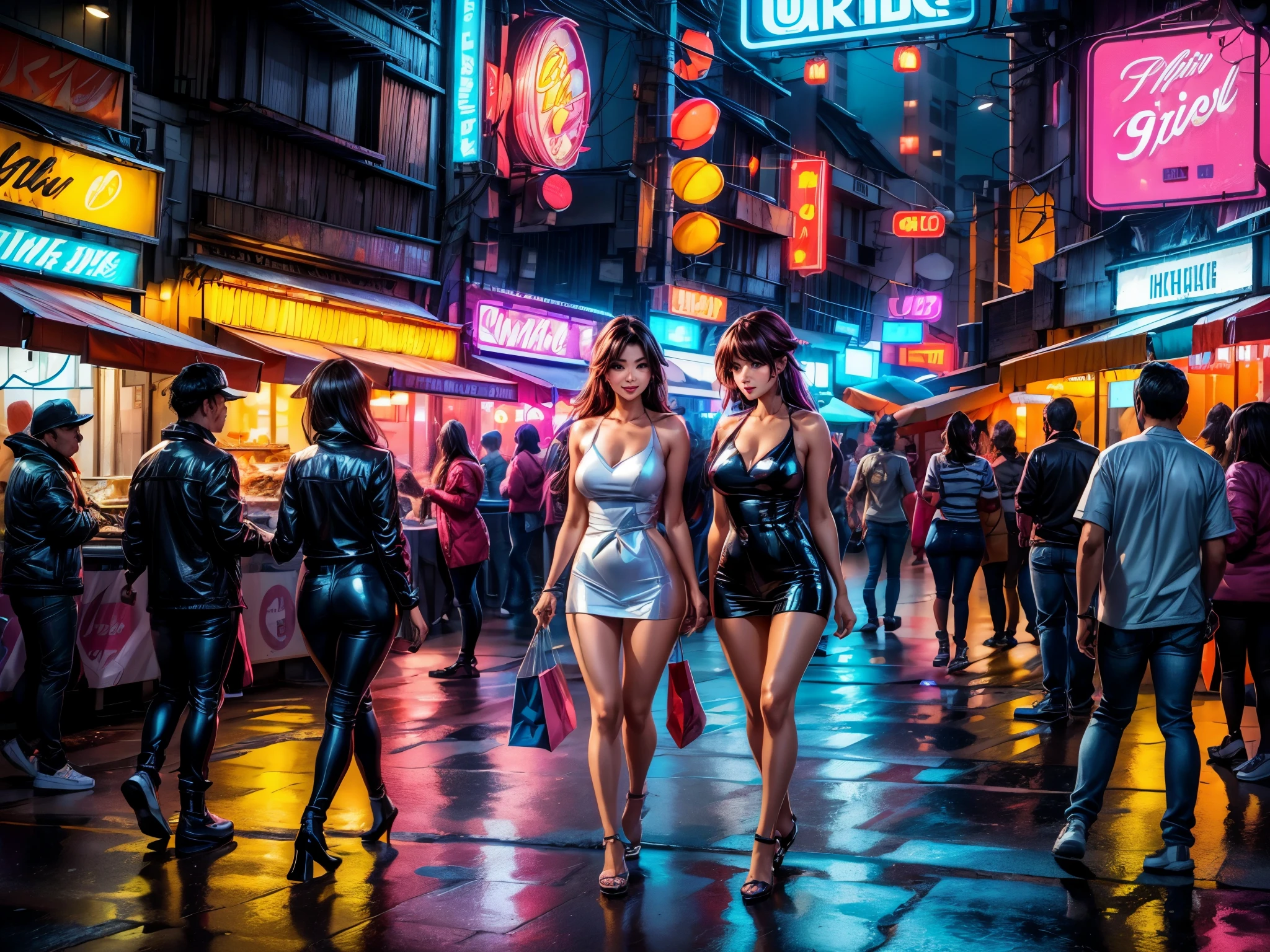 (best quality,4k,8k,highres,masterpiece:1.2),ultra-detailed,(realistic,photorealistic,photo-realistic:1.37),A woman attracting customers amidst ((twinkling neon lights)) in a busy downtown area at night,portrait,night scene,((colorful neon lights)),vibrant atmosphere,hustle and bustle of the city,2girls,trendy and stylish outfits,amazing cityscape,shimmering reflections,energetic and lively environment,street vendors selling various goods,happy and cheerful expressions,round and glowing signs,blurred motion effects,long exposure photography,sleek and modern architecture,emerging fashion trends,dynamic composition,nightlife,festive and celebratory ambiance,exciting and vibrant street art,diverse group of people,enticing shopping experience,social interaction,late-night food stalls,neon signs in various colors and shapes,urban lifestyle,positive and lively energy,exploring the cityscape,sparkling and glamorous environment,spontaneous and candid moments,melting pot of cultures and diversity,night market with street performers,multicolored reflections on the wet streets