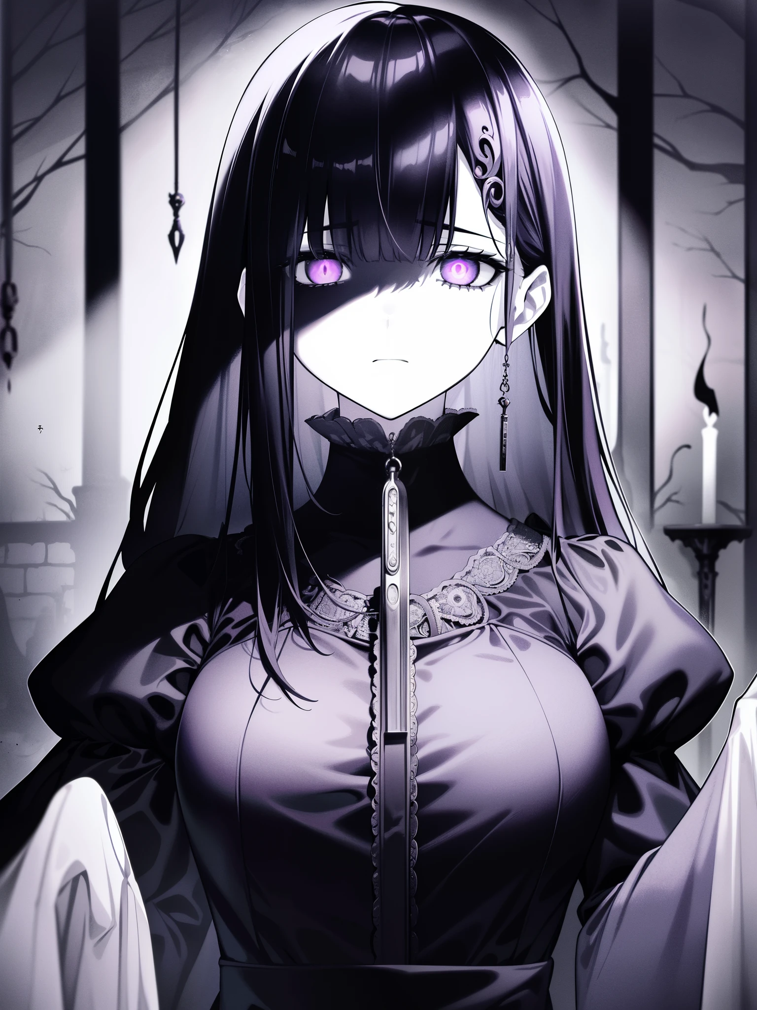 (highest quality、High resolution)、creepy look、dark background、intense expression、shining eyes、eerie atmosphere、twisted body pose、((Lock))、ghostly environment、unreasonably beautiful、gothic style、white skin、dramatic shadow、evil aura、creepy details。