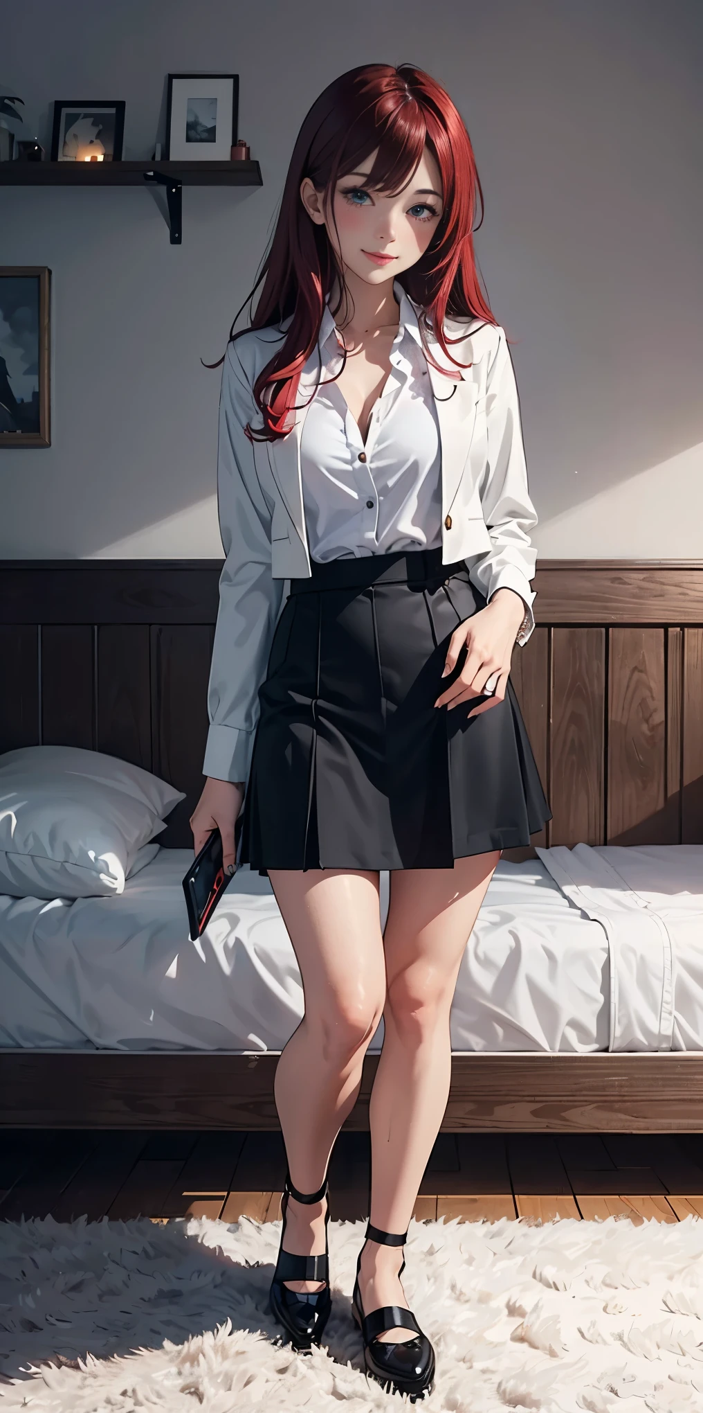 ((masterpiece)) best quality, anime coloring, 8kwallpaper, wallpaper, very detailed, highly detailed, 1 girl, long hair, big anime eyes, tall, white, black blazer, red hair ribbon, looking at viewer, slight blush, lustful smirking smile face red blushed red cheeks, smile, standing, black skirt, bedroom background, bed, sheets, pillow