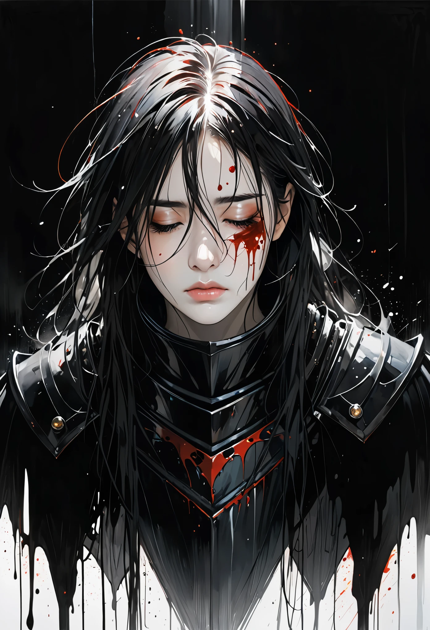 1 king sitting on the throne,(scattered hair covered the face:1.2),a light shines down from overhead,black armor covered with blood,painter by Agnes Cecile, and sad atmosphere,